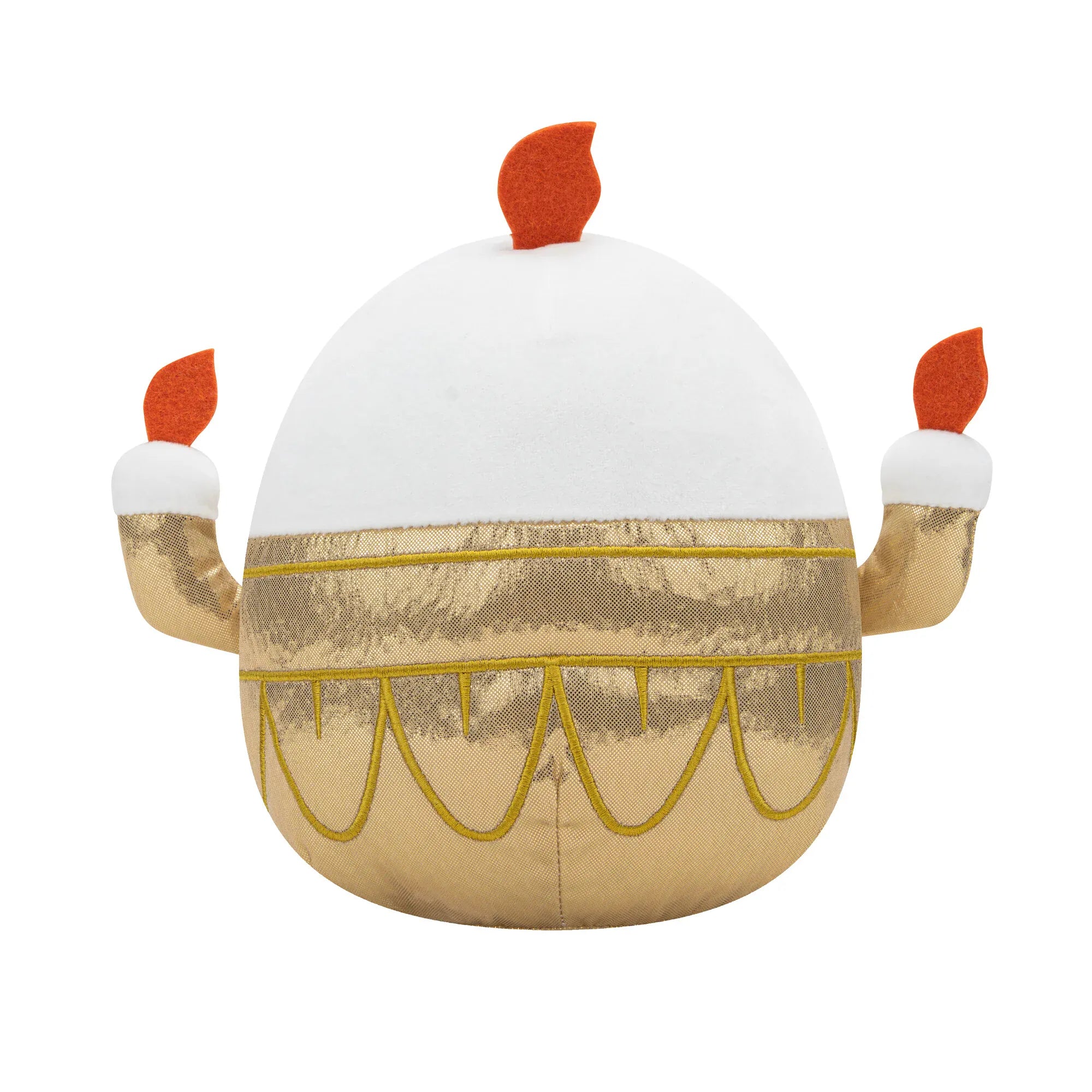 Disney Beauty and the Beast Lumiere squishmallow plush back view, white and gold candelabra body with three orange felt flame accents