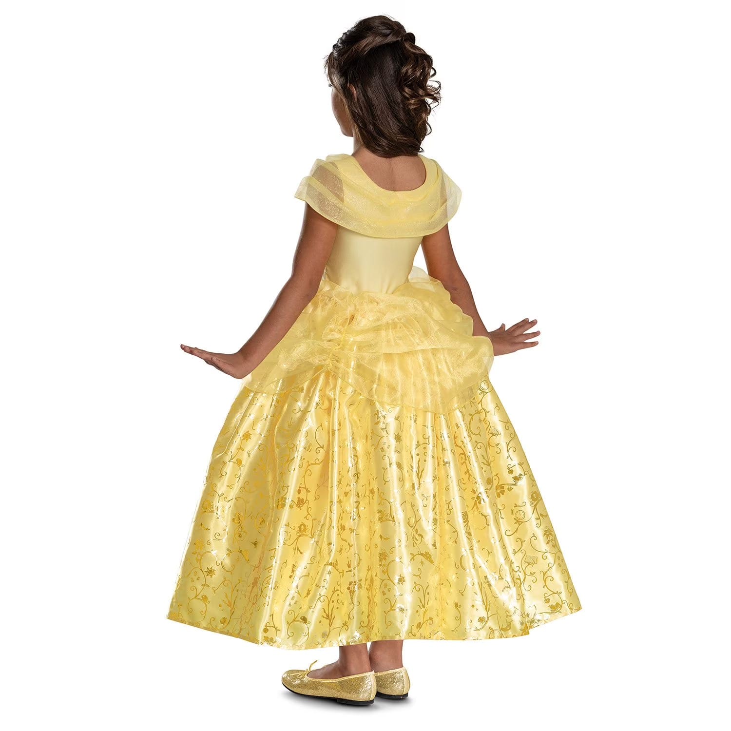Back view of Disney Belle prestige costume dress showing layered yellow tulle overskirt and gold foil print ball gown skirt; girls' costume dress