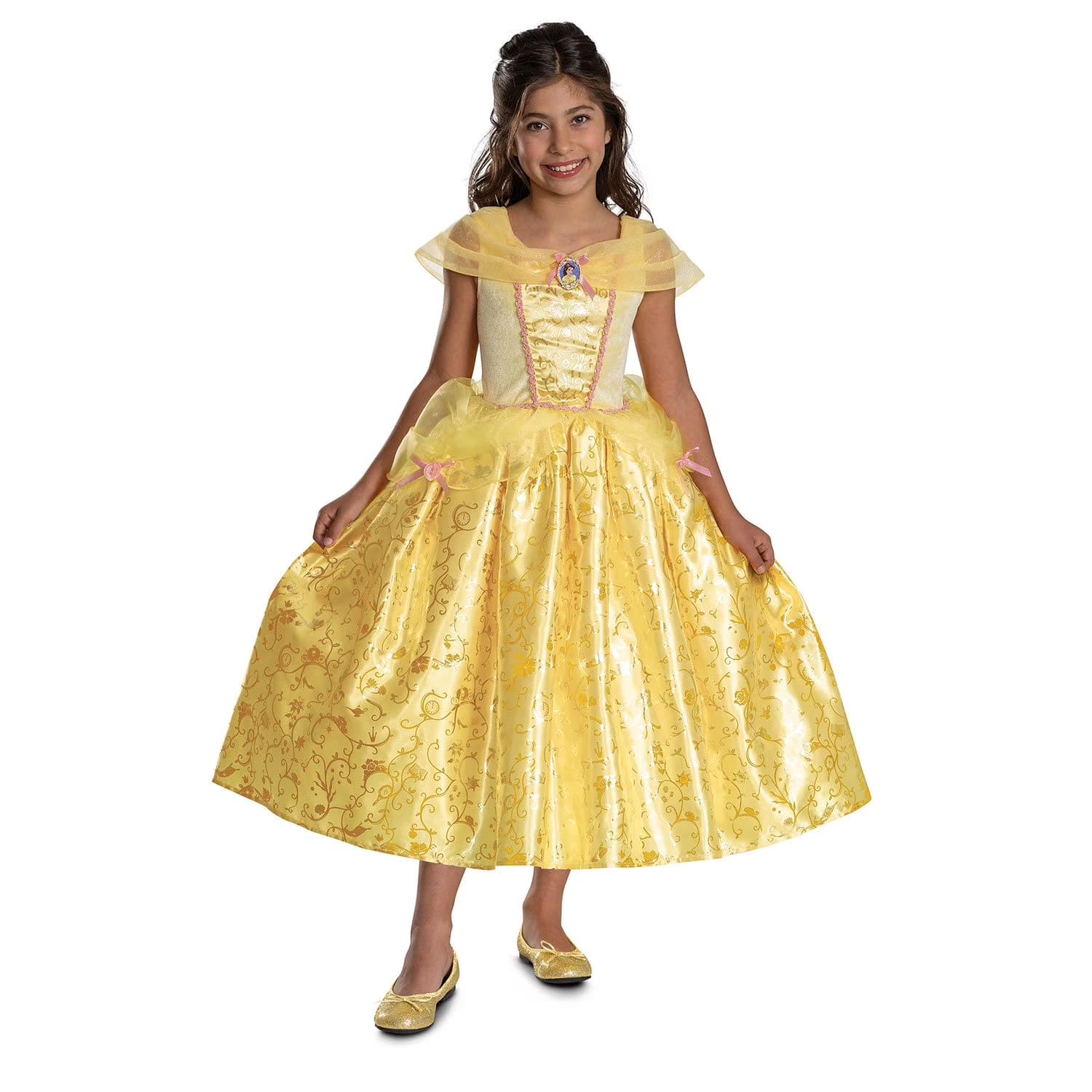 Girl wearing Disney Belle prestige costume dress full front view with gold foil skirt and organza collar; Beauty and the Beast girls' costume dress