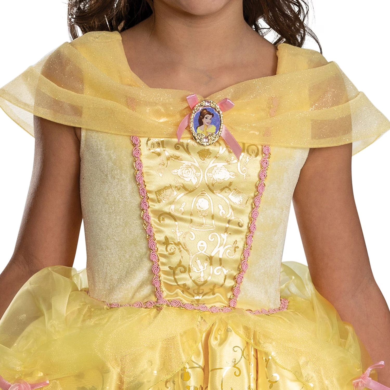 Close-up of Disney Belle prestige costume  dress glitter bodice with Belle cameo, pink rose trim, and Beauty and the Beast gold icon print panel