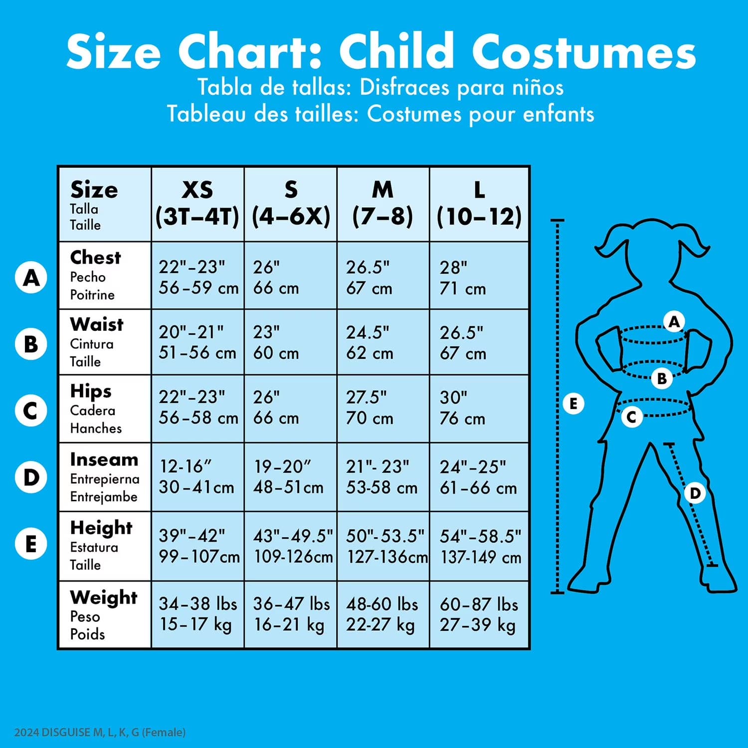 Disguise Costume Brand Child costume size chart for Disney Belle prestige dress: XS (3T–4T), S (4–6X), M (7–8), L (10–12) with chest, waist, height measurements
