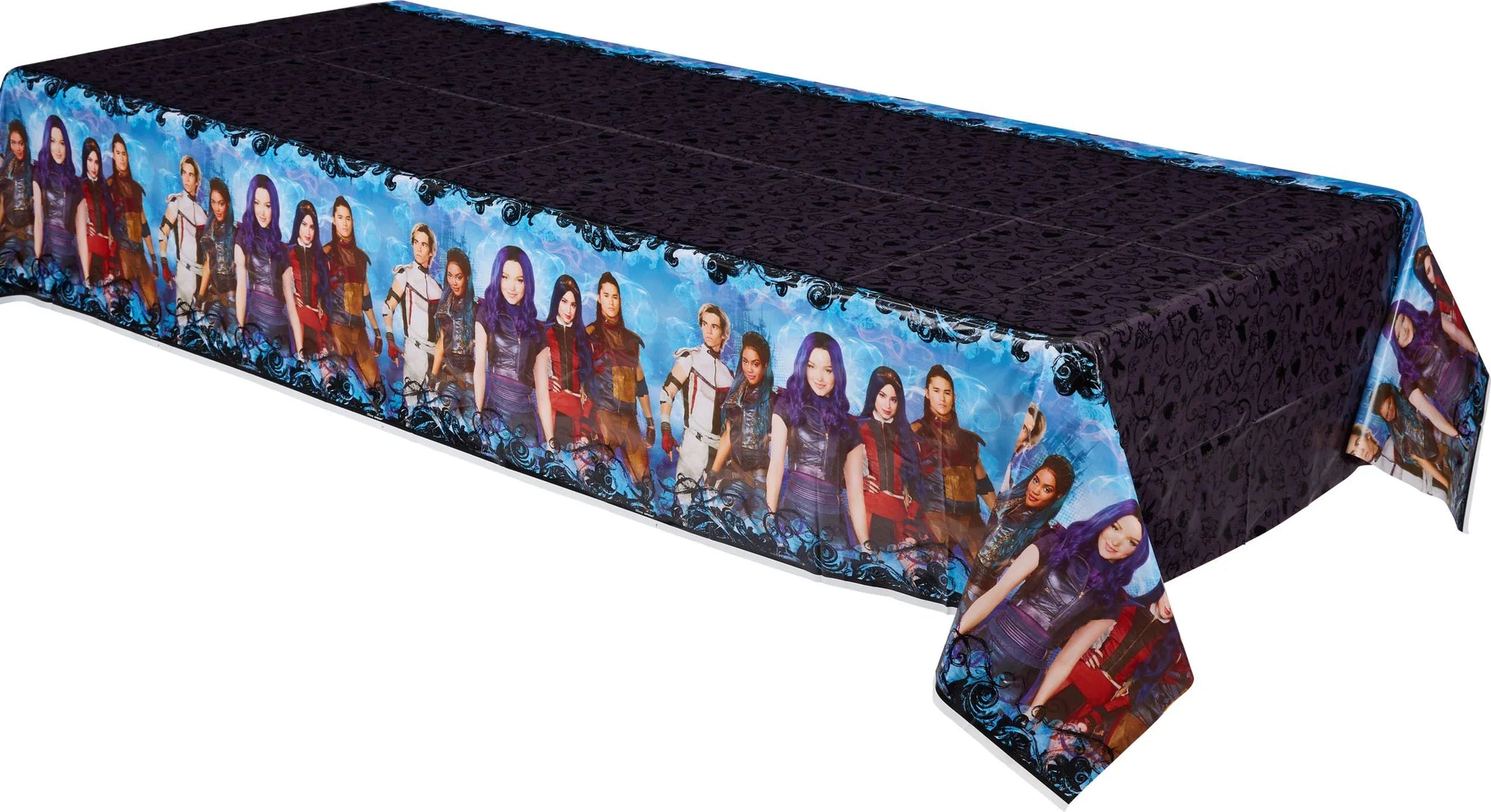 Full length Amscan Disney Descendants 3 plastic table cover for birthday party with repeating character print on rectangular table