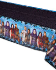 Full length Amscan Disney Descendants 3 plastic table cover for birthday party with repeating character print on rectangular table
