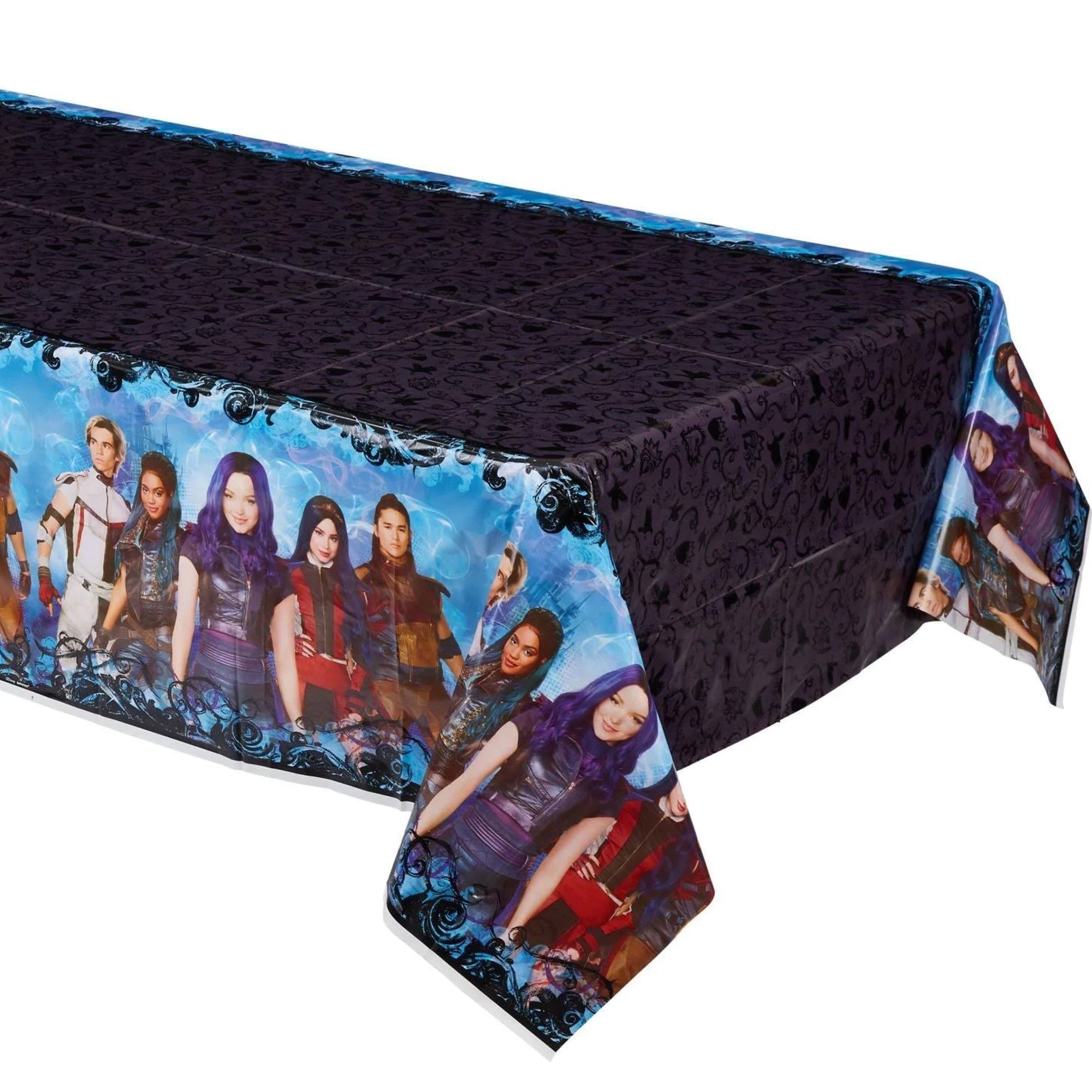 amscan Disney Descendants 3 plastic table cover on table showing Mal Evie Jay Carlos Uma character border and dark villain