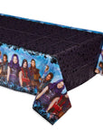 amscan Disney Descendants 3 plastic table cover on table showing Mal Evie Jay Carlos Uma character border and dark villain