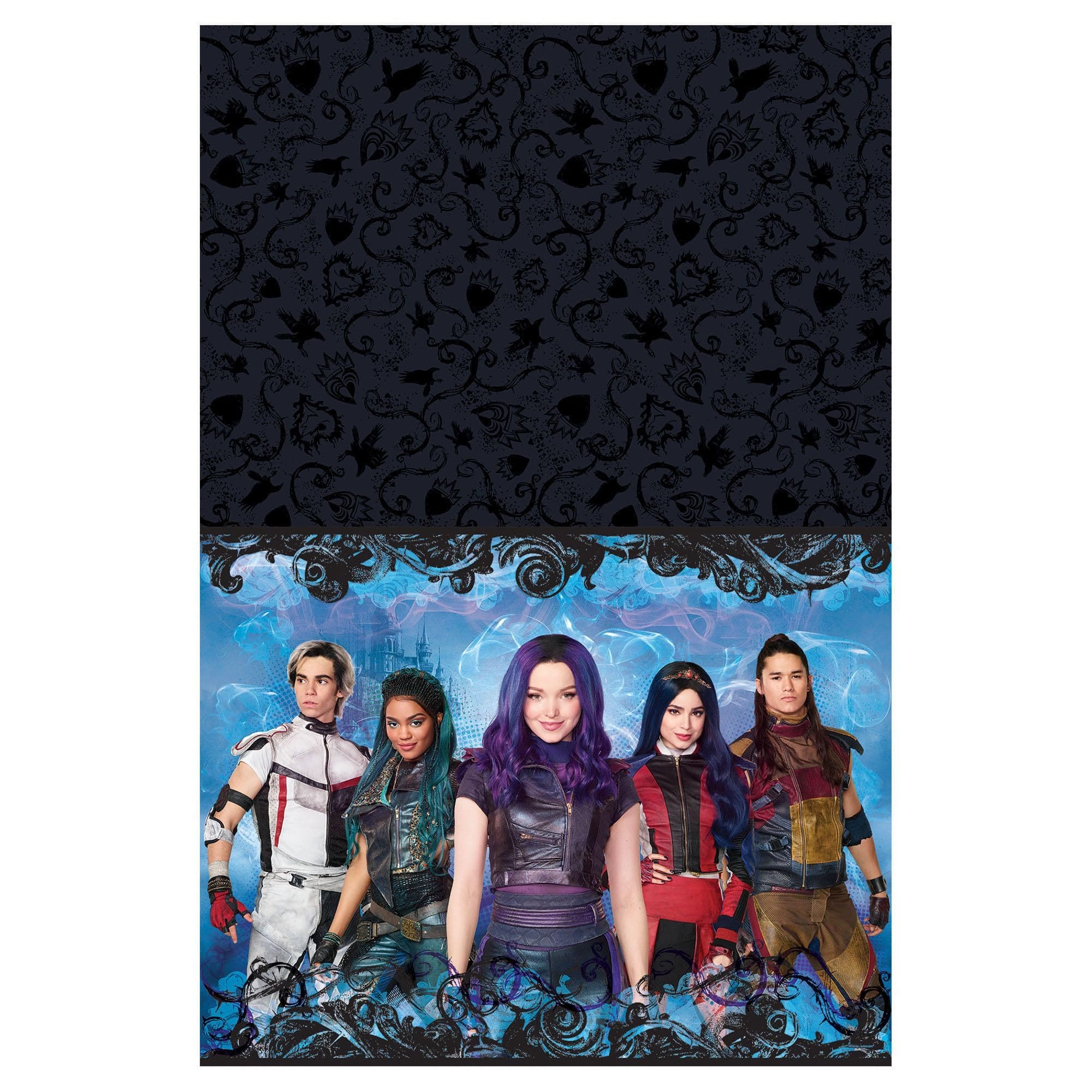 Amscan Disney Descendants 3 table cover flat design with Mal Evie Jay Carlos Uma on blue background and dark crown pattern top