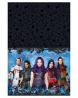Amscan Disney Descendants 3 table cover flat design with Mal Evie Jay Carlos Uma on blue background and dark crown pattern top