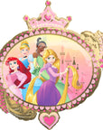 Disney Princess Once Upon A Time giant shaped satin foil balloon featuring Ariel, Cinderella, Tiana, and Rapunzel posed in front of a pink castle, framed in a gold oval with scalloped pink border, pink crown topper, decorative flowers, and heart charm; oversized princess birthday party balloon suitable for indoor and outdoor use