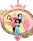 Disney Princess Once Upon A Time giant shaped satin foil balloon reverse side featuring Belle, Aurora, Snow White, and Jasmine posed in front of a pink castle, framed in a gold oval with scalloped pink dot border, pink crown topper, and decorative gold flower and leaf accents with heart charm pendant; large princess party balloon for girls' Disney Princess birthday celebrations indoors or outdoors