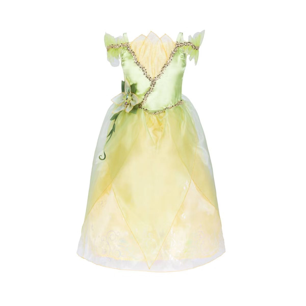 Disney Princess Tiana costume dress with green satin bodice, gold trim, lily pad cameo, and yellow iridescent foil organza skirt
