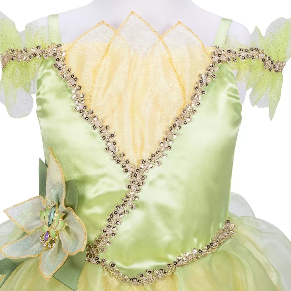 Princess Tiana costume dress bodice with green satin, gold sequin trim, organza leaf sleeves, and lily pad cameo; Disney Princess Signature Collection