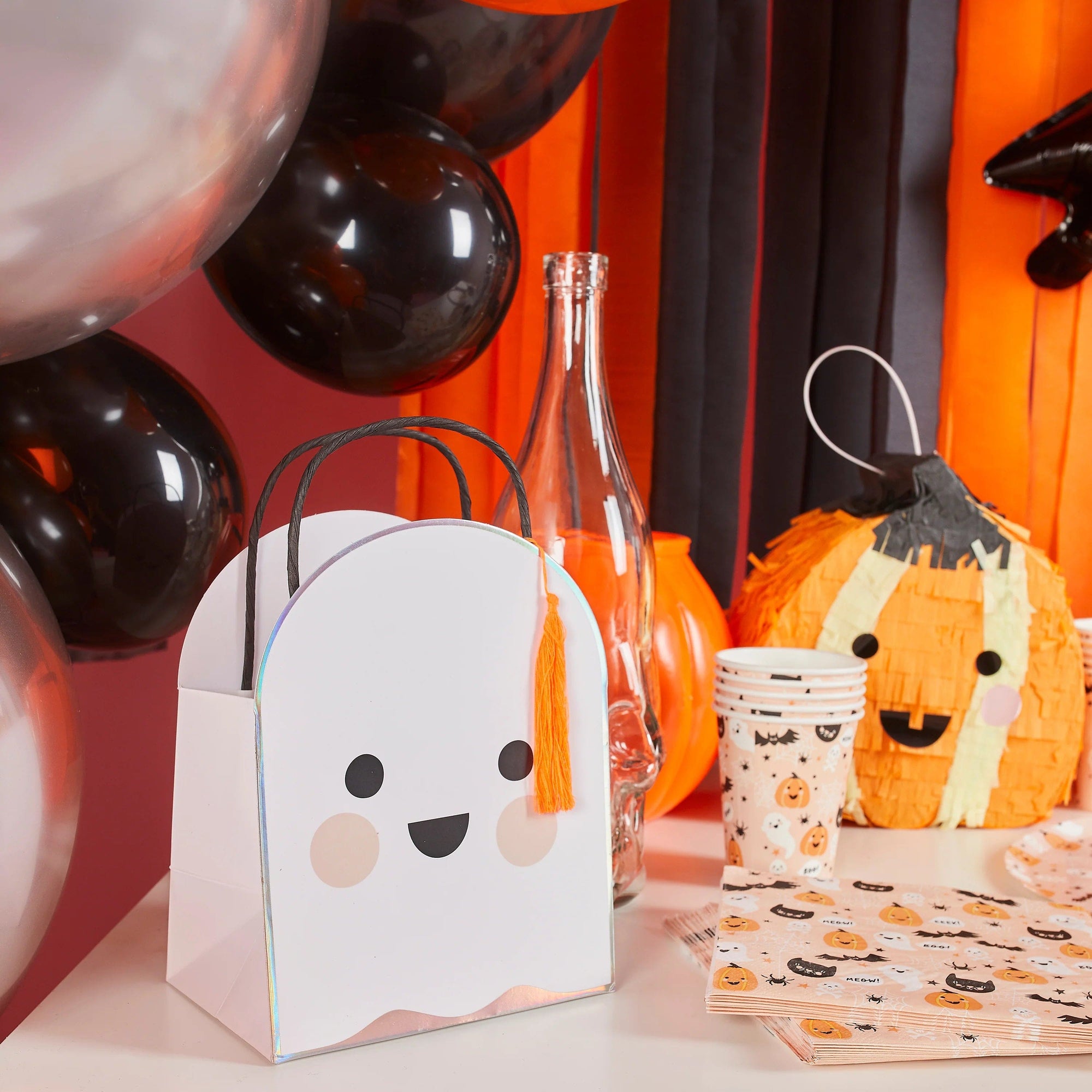 Halloween party supplies set - cute ghost party bags, Halloween napkins, cups and decorations with pumpkins and black cats for kids Halloween birthday party