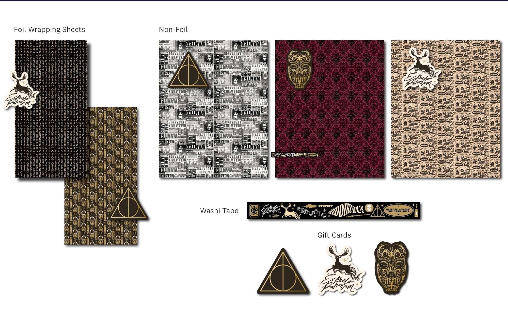 Harry Potter Dark Arts Gift Wrap Set contents layout showing two foil wrapping paper sheets in black with gold spell symbols and brown with gold Deathly Hallows motif, three non-foil sheets in Wanted poster, deep red damask, and cream patronus designs, a Dark Arts themed washi tape roll printed with Expecto Patronum, Reducto, Riddikulus, and Defense Against the Dark Arts, plus three shaped foil gift card tags — all pieces from the Wizarding World licensed Harry Potter party gift wrapping set