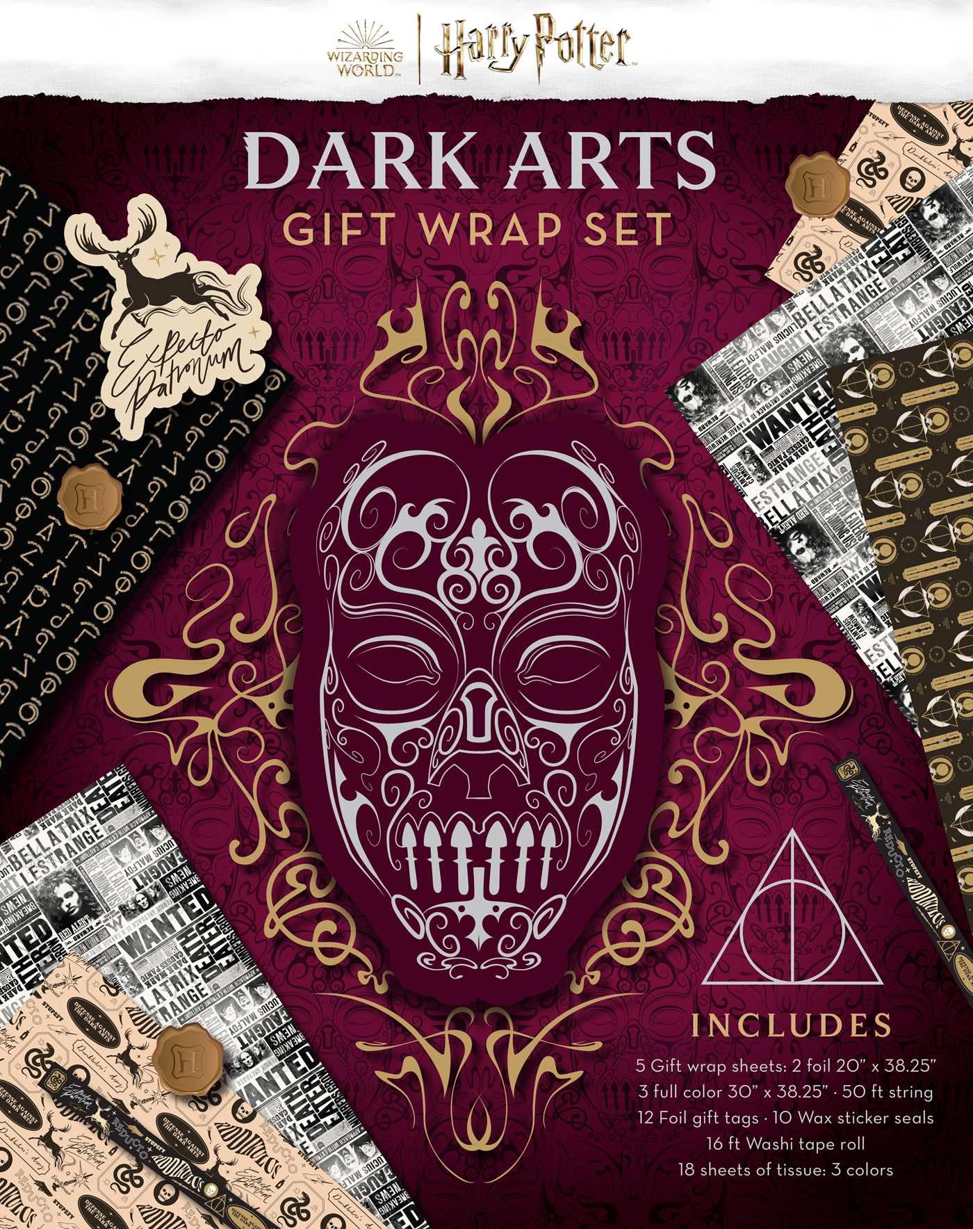 Harry Potter Dark Arts Gift Wrap Set by Insight Editions — officially licensed Wizarding World party gift wrapping set with Death Eater mask on deep burgundy damask packaging; includes 5 wrapping paper sheets (2 foil at 20" x 38.25" and 3 full color at 30" x 38.25"), 12 foil die-cut gift tags in 3 designs, 10 wax sticker seals, 16 ft Dark Arts washi tape, 50 ft ornamental string, and 18 tissue sheets in black, ivory, and metallic gold; suitable for Harry Potter birthday parties, Halloween, holidays, and Wiz