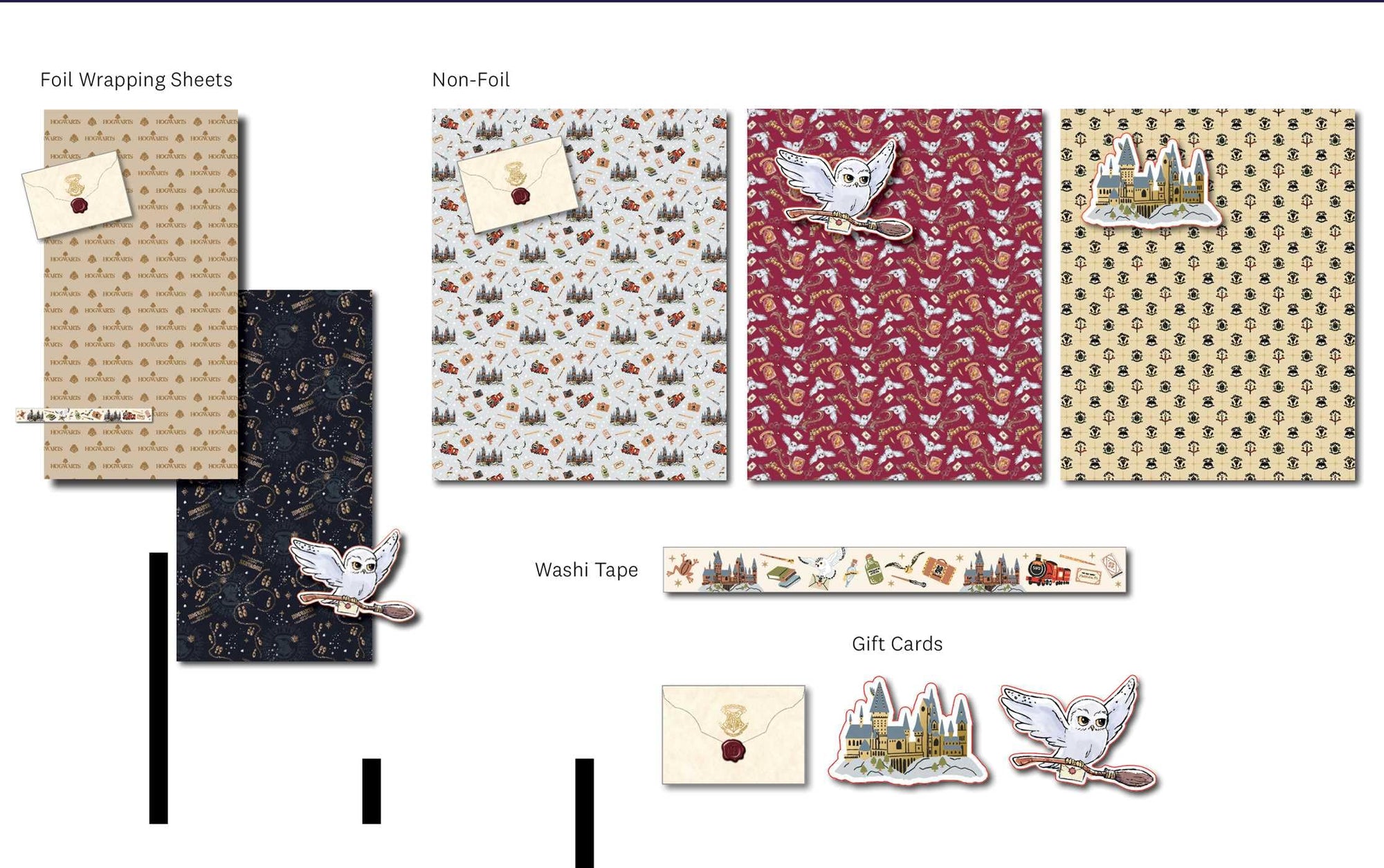 Harry Potter gift wrap stationery set components including foil and non-foil wrapping sheets, Hedwig and Hogwarts castle gift cards, washi tape with magical icons for birthday party decorations