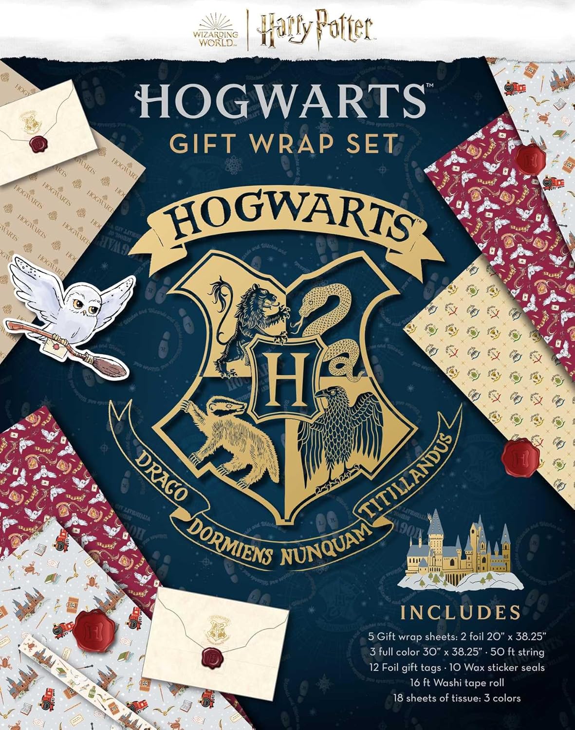 Official Wizarding World Harry Potter Hogwarts Gift Wrap Set box showing complete contents including 5 wrapping sheets, tissue paper, wax seal stickers, string, gift tags and washi tape for magical Harry Potter Themed birthday parties and celebrations