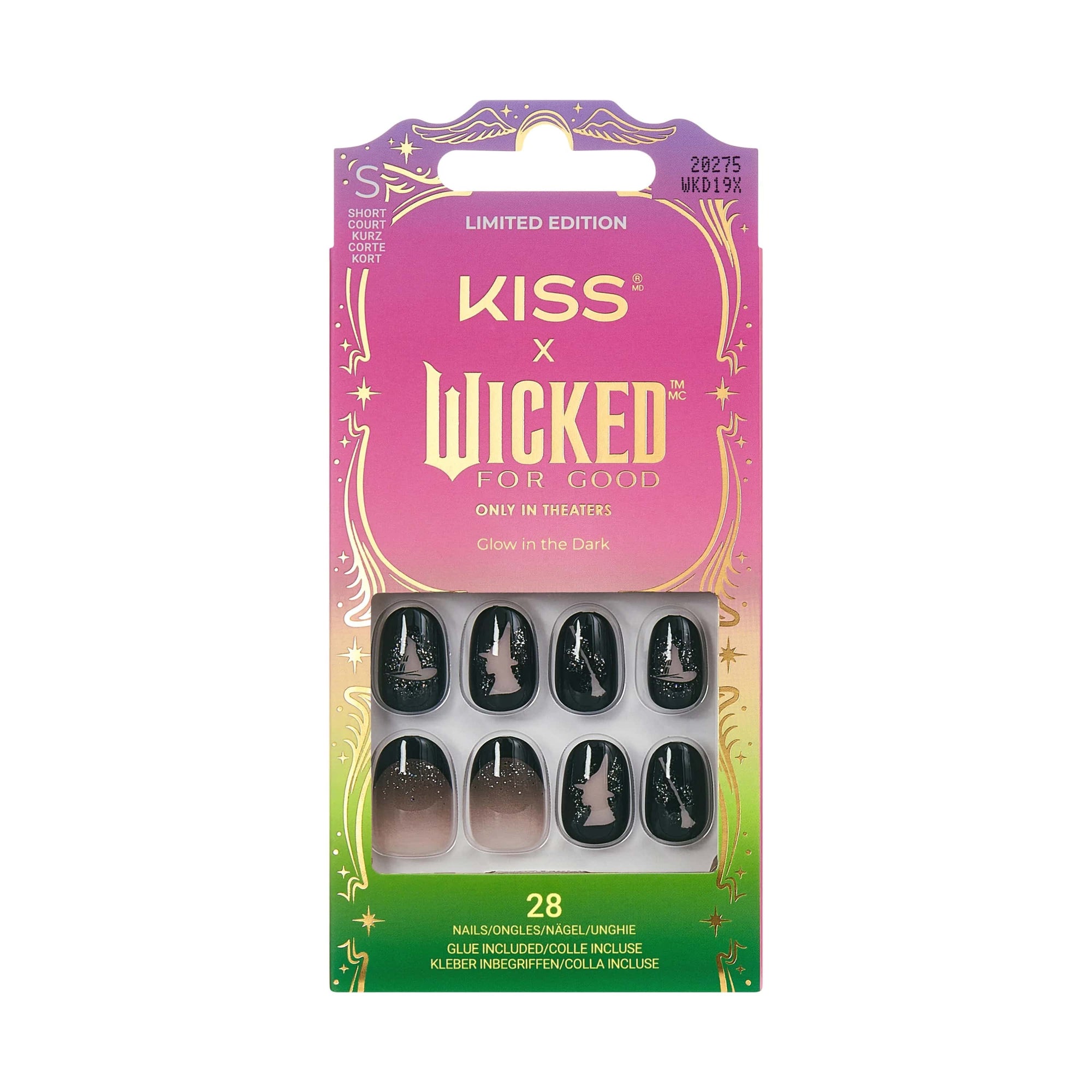 Kiss x Wicked For Good limited edition Own Your Power Elphaba themed glow-in-the-dark press-on nail kit packaging; 28 black oval short fake nails with glue included