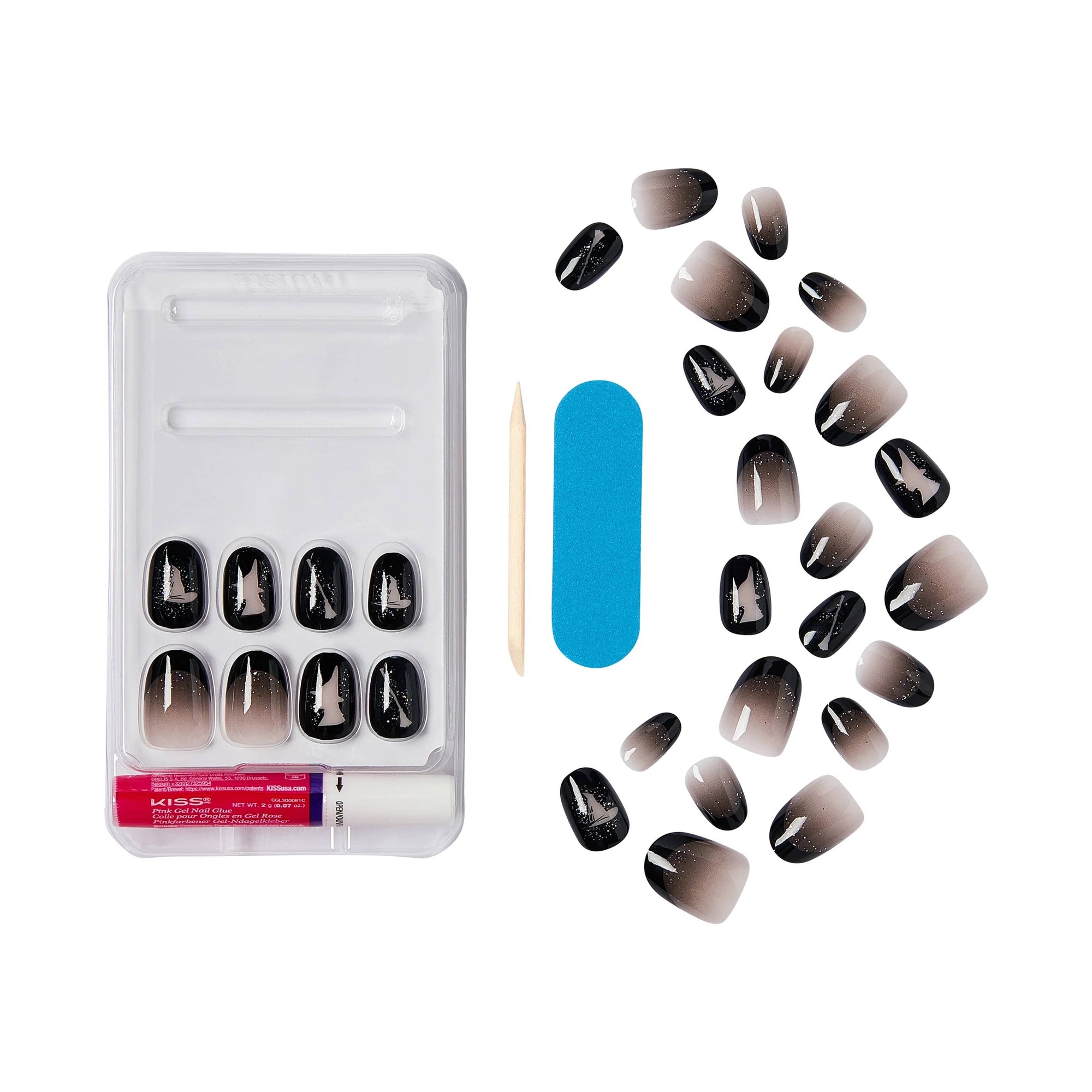 Kiss x Wicked For Good Elphaba Own Your Power press-on nail kit contents: 28 black oval fake nails, pink gel nail glue, mini nail file, and manicure stick; Wicked theme gift or party favours