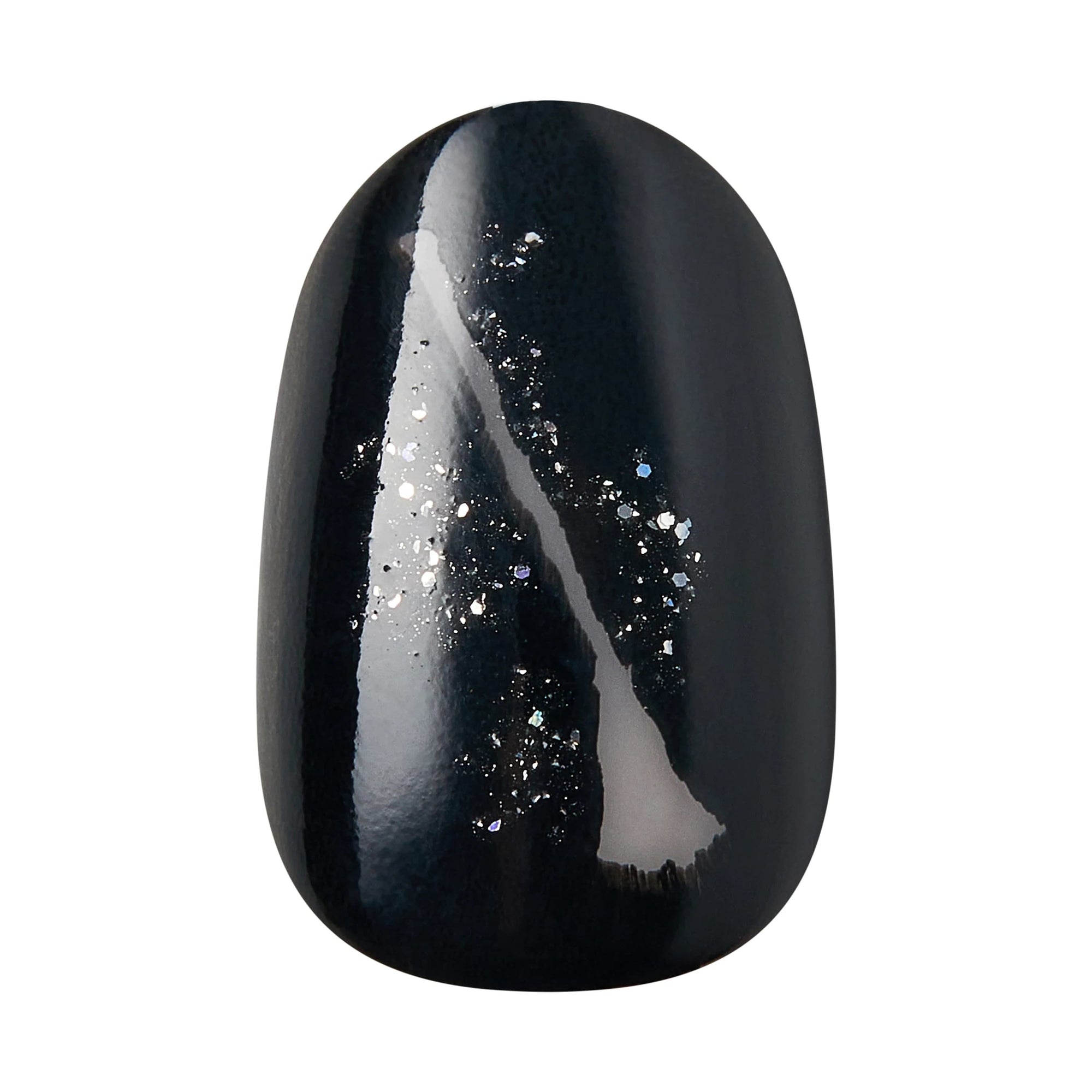 Close-up of Kiss x Wicked For Good  Elphaba's broomstick solid black oval press-on nail with diagonal silver glitter streak; short length waterproof fake nail