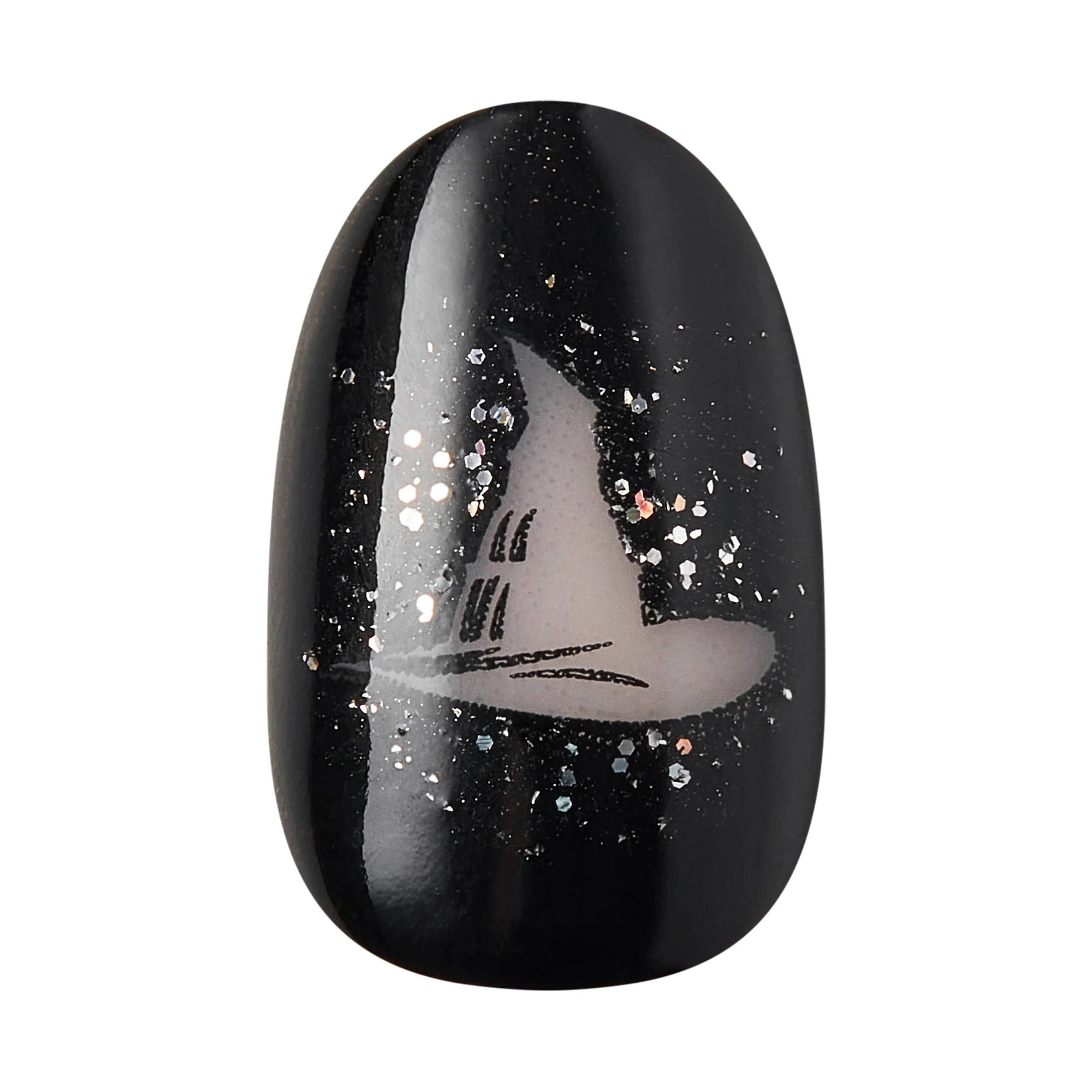 Close-up of Kiss x Wicked For Good Elphaba Own Your Power black oval press-on nail featuring Elphaba's witch hat nail art with silver glitter