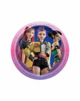 K-Pop Demon Hunters 7 inch round lunch plate featuring Rumi, Mira, and Zoey with pink sparkle border