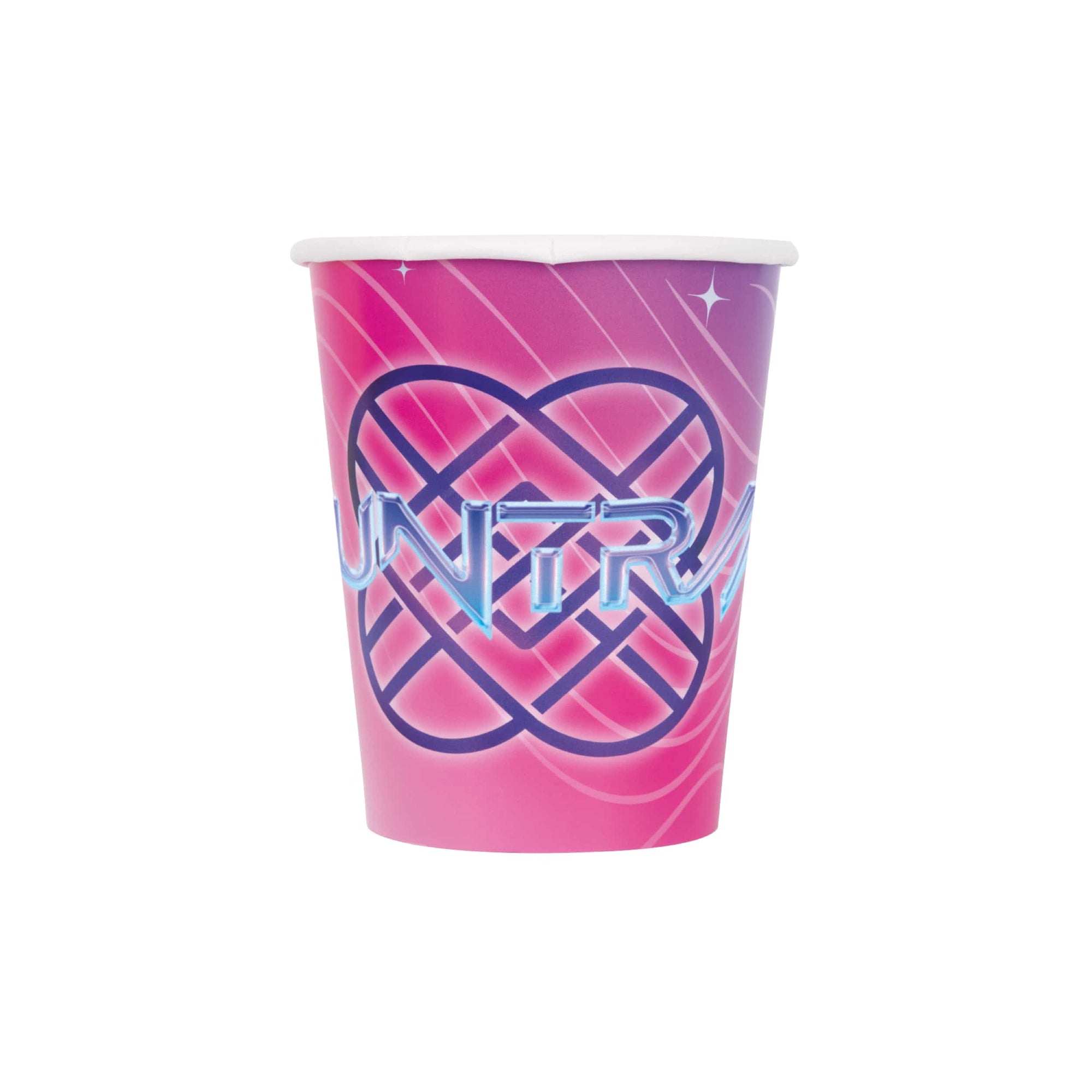K-Pop Demon Hunters 9oz paper party cup in pink and purple gradient with HUNTRX logo and sparkle design