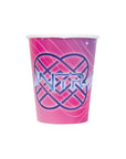 K-Pop Demon Hunters 9oz paper party cup in pink and purple gradient with HUNTRX logo and sparkle design