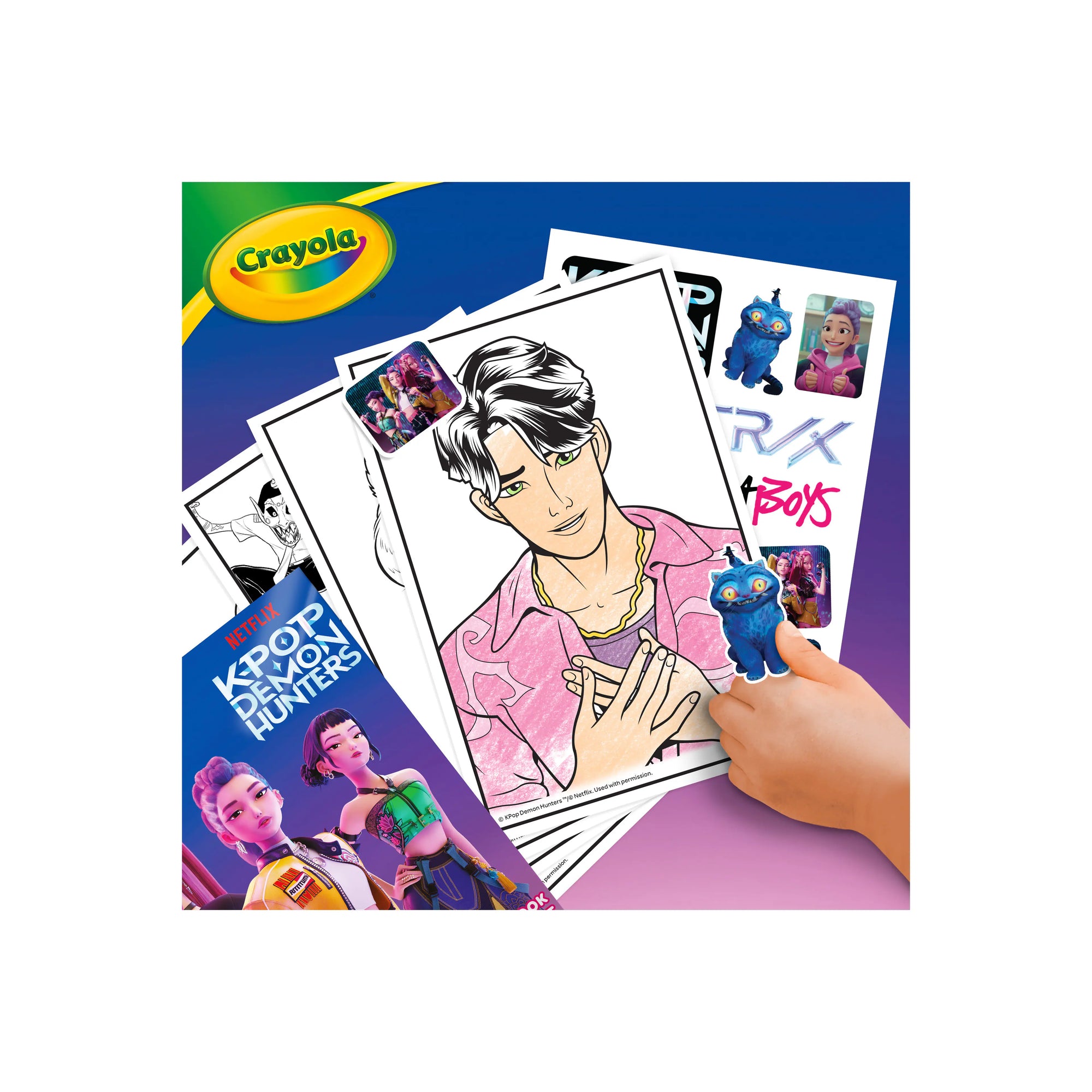 Coloured Saja Boys Jinu page beside the Kpop Demon Hunters sticker sheet with a hand holding a Derpy sticker