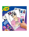 Coloured Saja Boys Jinu page beside the Kpop Demon Hunters sticker sheet with a hand holding a Derpy sticker