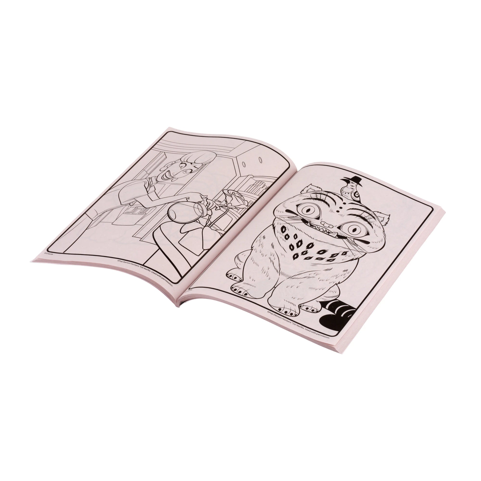 Kpop Demon Hunters colouring book open to the plane stewardess demon scene page and a Derpy the tiger page