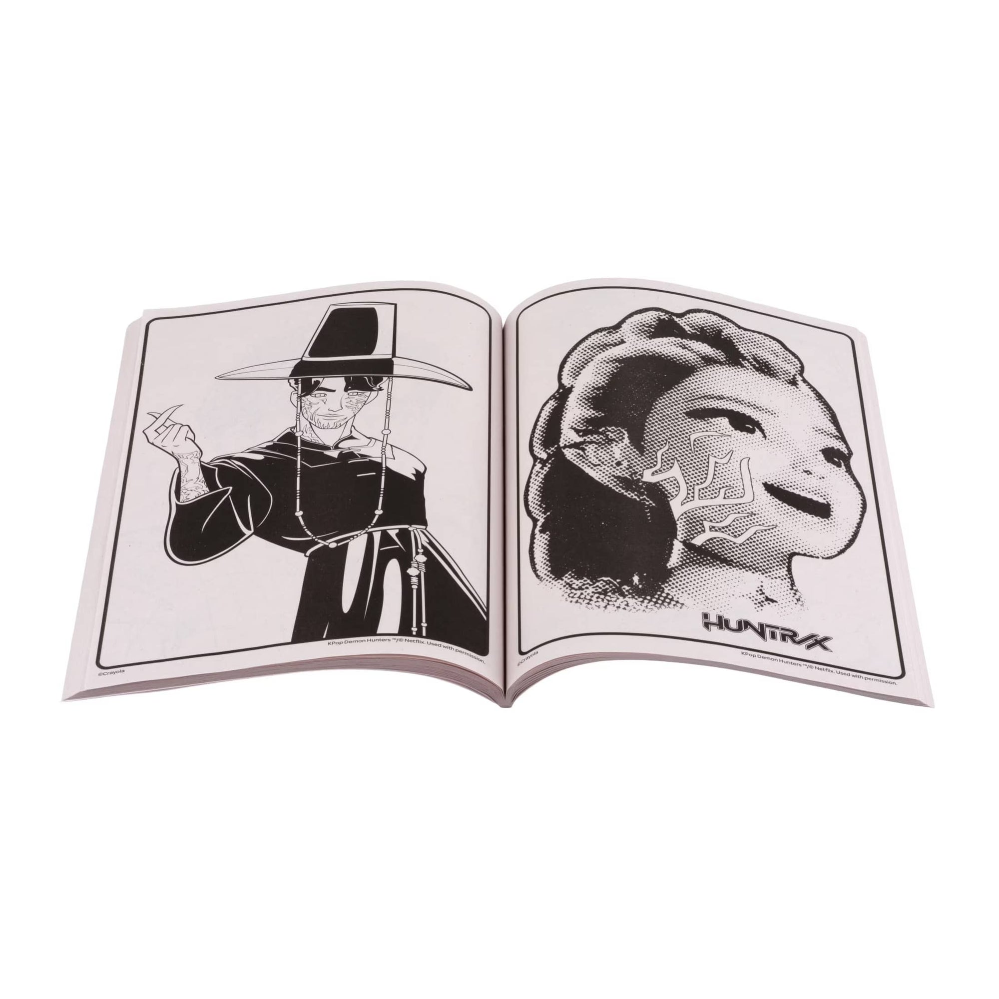 Kpop Demon Hunters colouring book open to a Jinu and Rumi colouring page