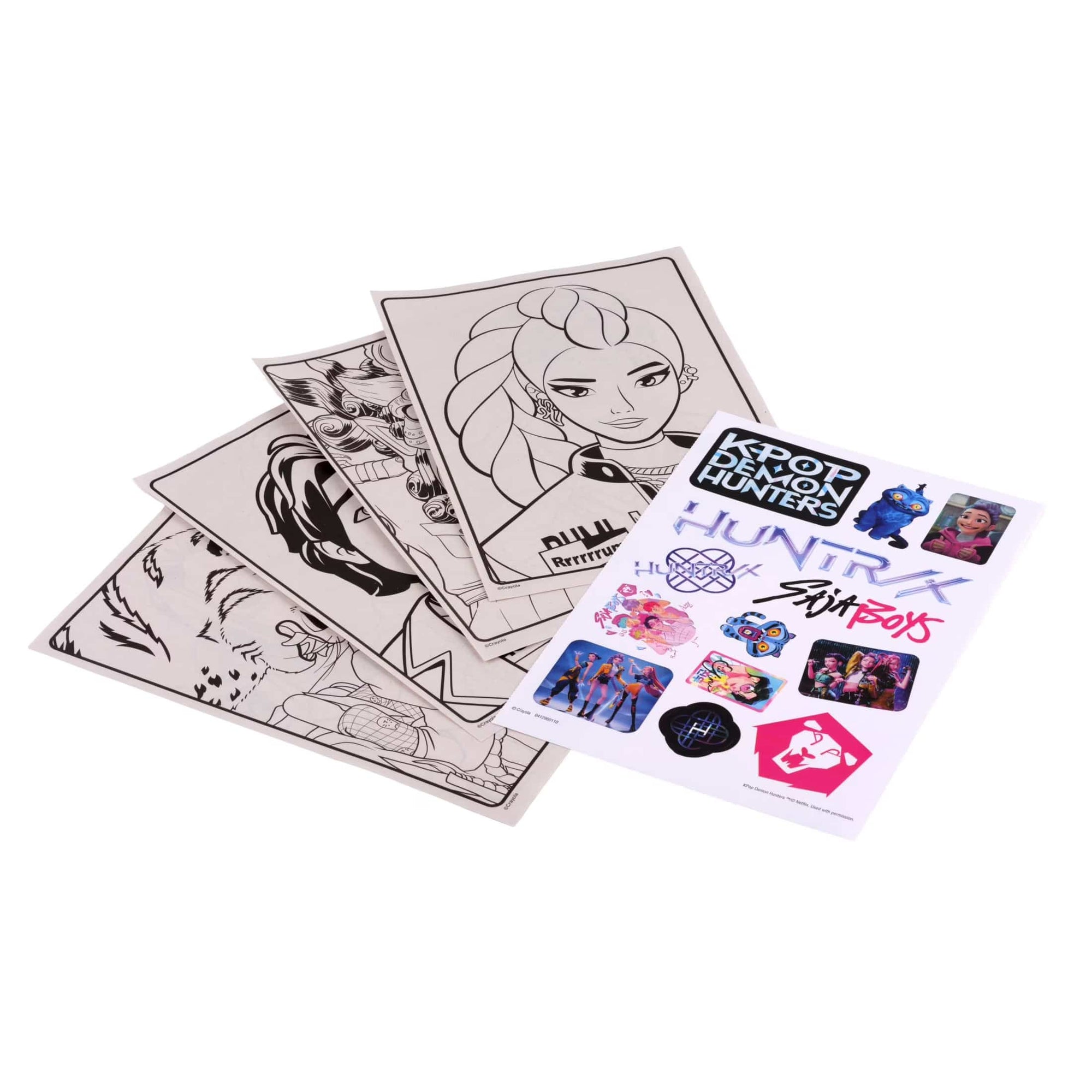 Kpop Demon Hunters colouring pages fanned out with sticker sheet showing Huntrix and Saja Boys logos