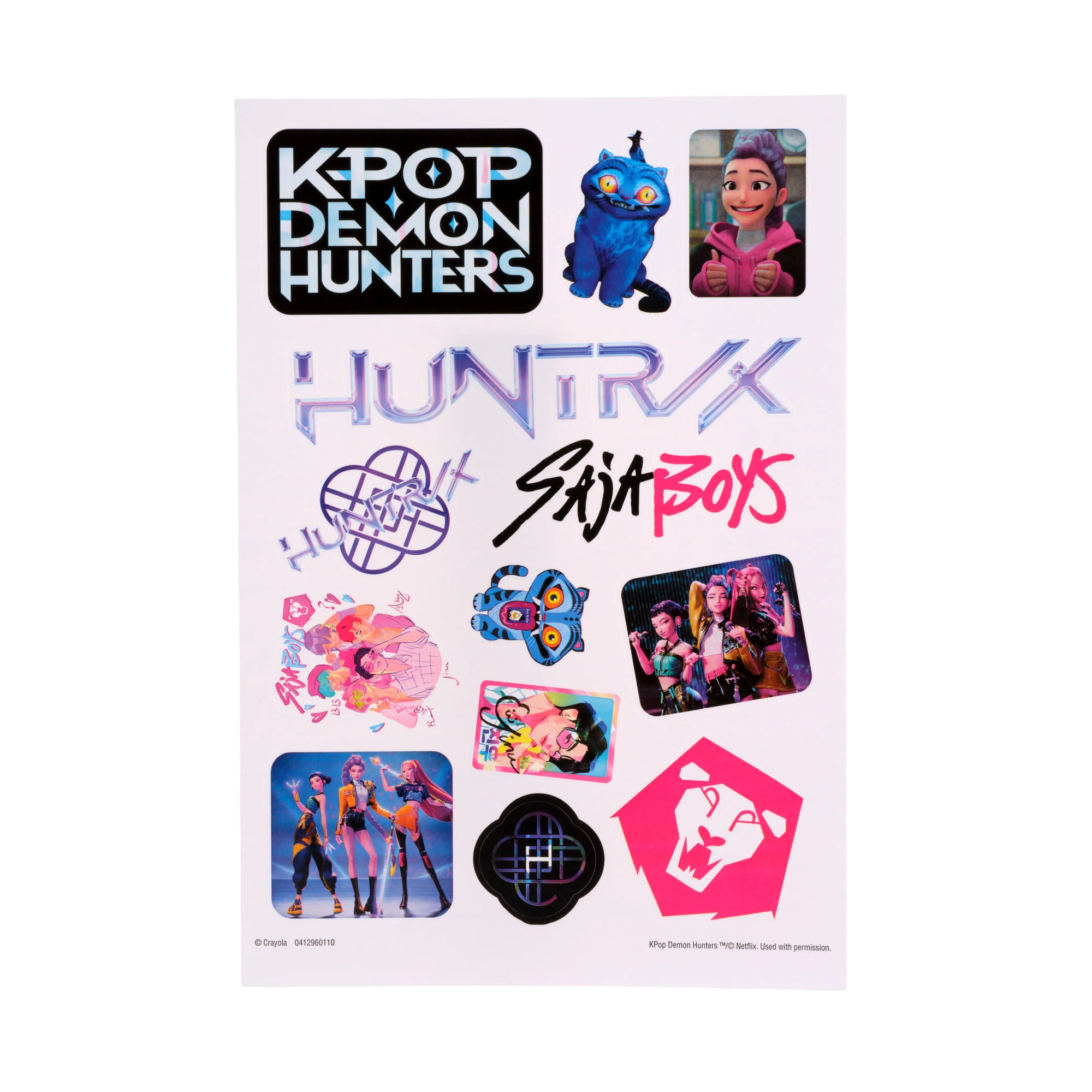 Kpop Demon Hunters sticker sheet with Huntrix and Saja Boys logos, Derpy the tiger, and kpop demon hunters character stickers