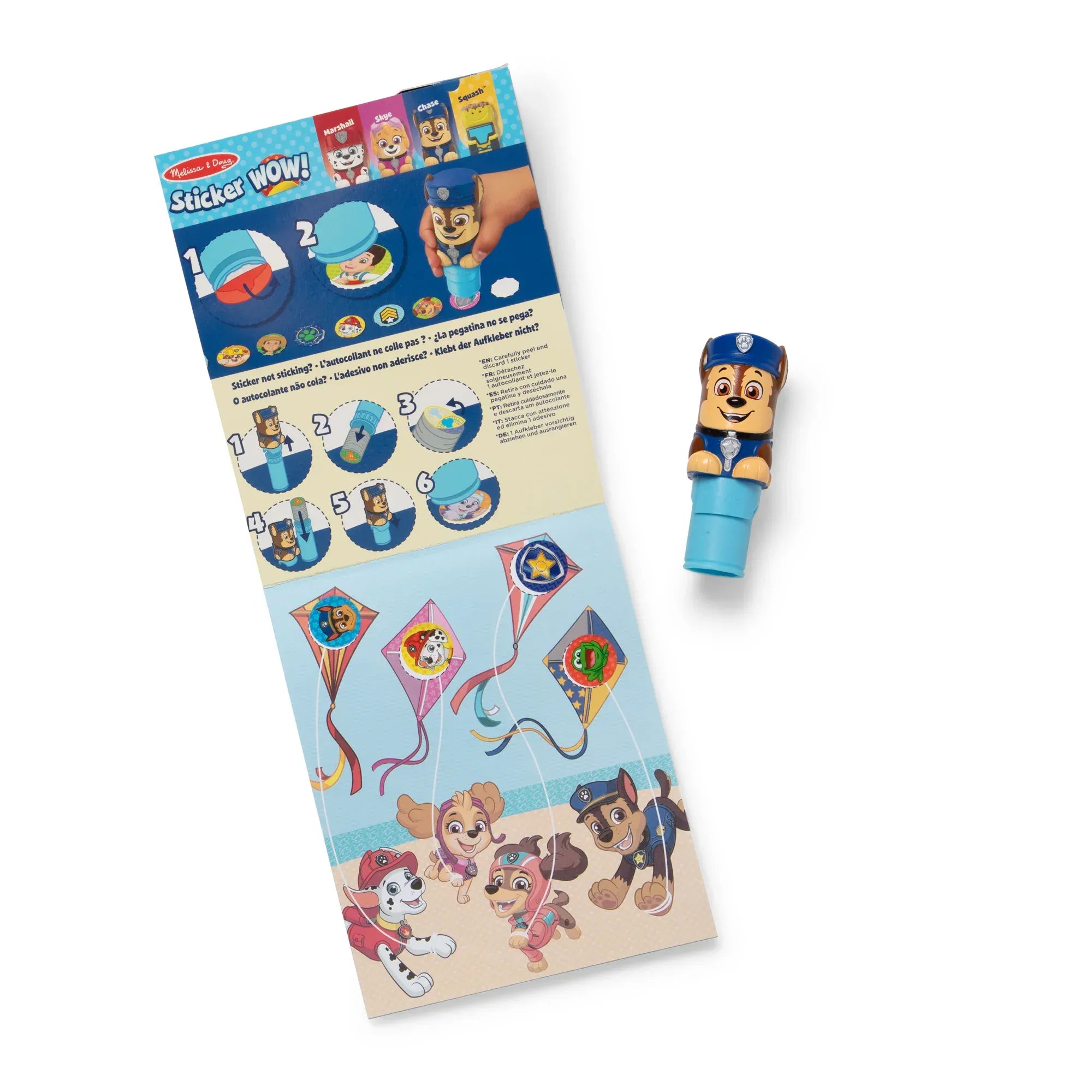 Melissa and Doug PAW Patrol Sticker WOW set showing multiple activity pages with 300 stickers and Chase stamper for party crafts and entertainment, christmas gifts or birthday presents