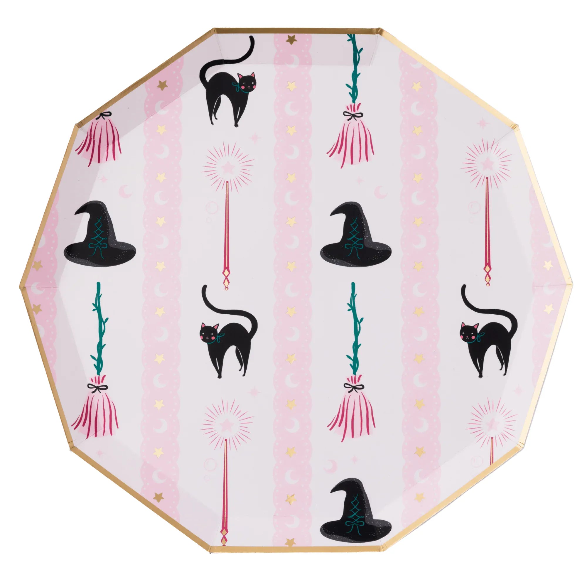 Witch hat and broom party plate with black cats, magic wands, brooms, and gold stars on pink striped background