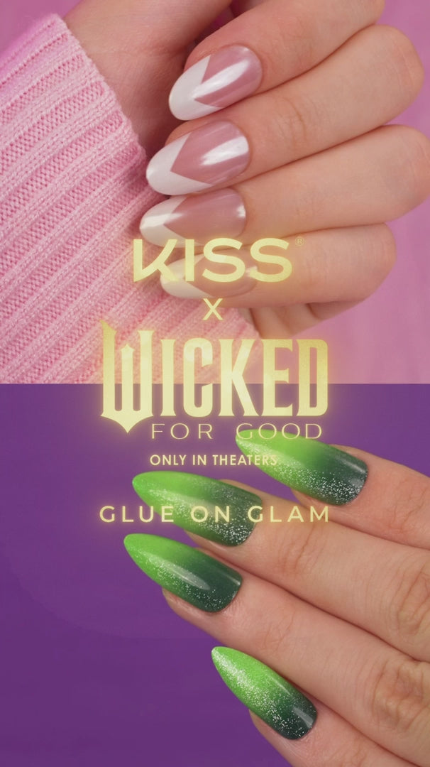 Kiss x Wicked For Good press-on nail application tutorial video showing 4-step glue-on process for long-lasting at-home DIY manicure