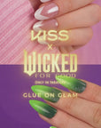 Kiss x Wicked For Good press-on nail application tutorial video showing 4-step glue-on process for long-lasting at-home DIY manicure