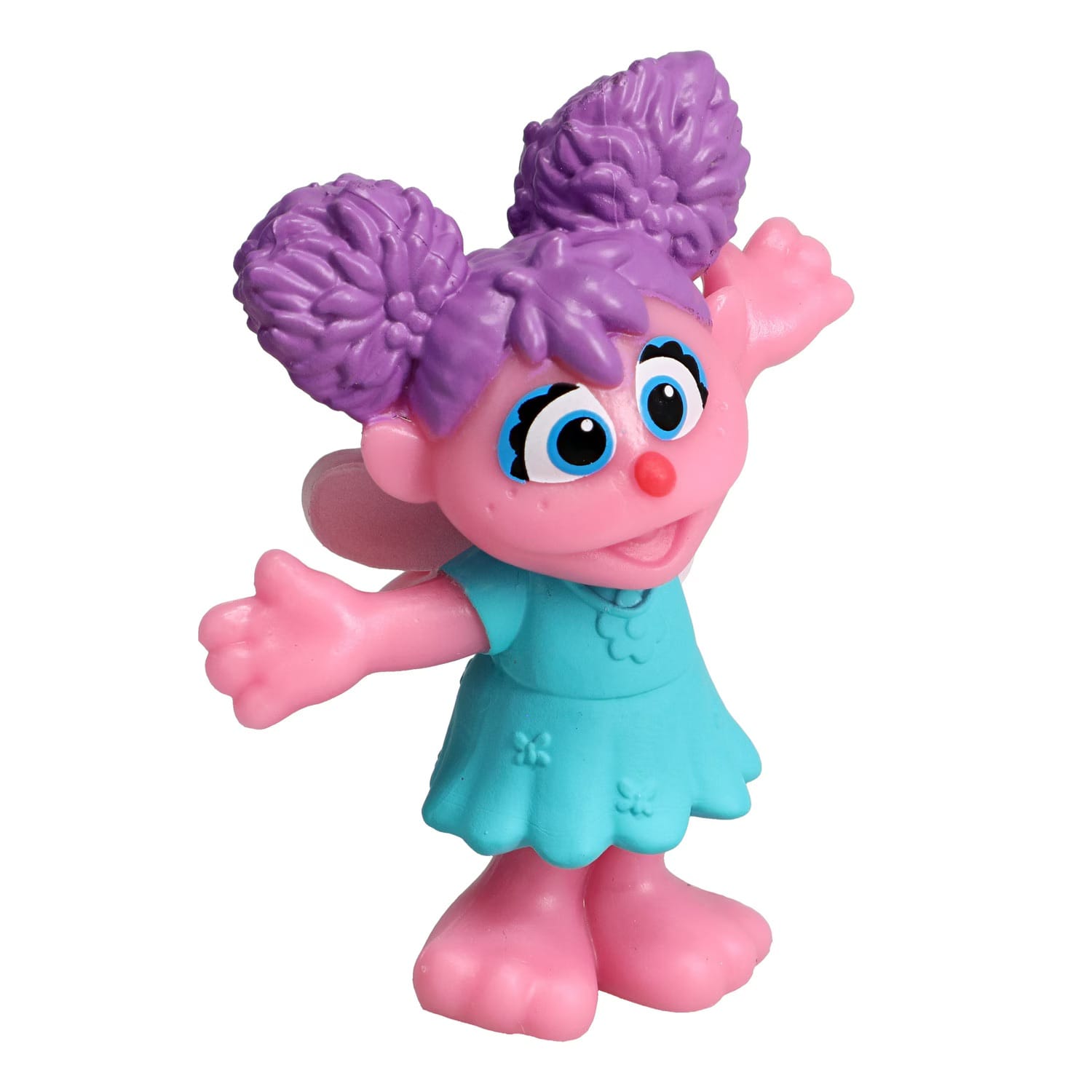 Sesame Street Abby Cadabby mini figurine party favour toy alternate angle, pink body and teal dress with purple pom-pom pigtails and blue eyes