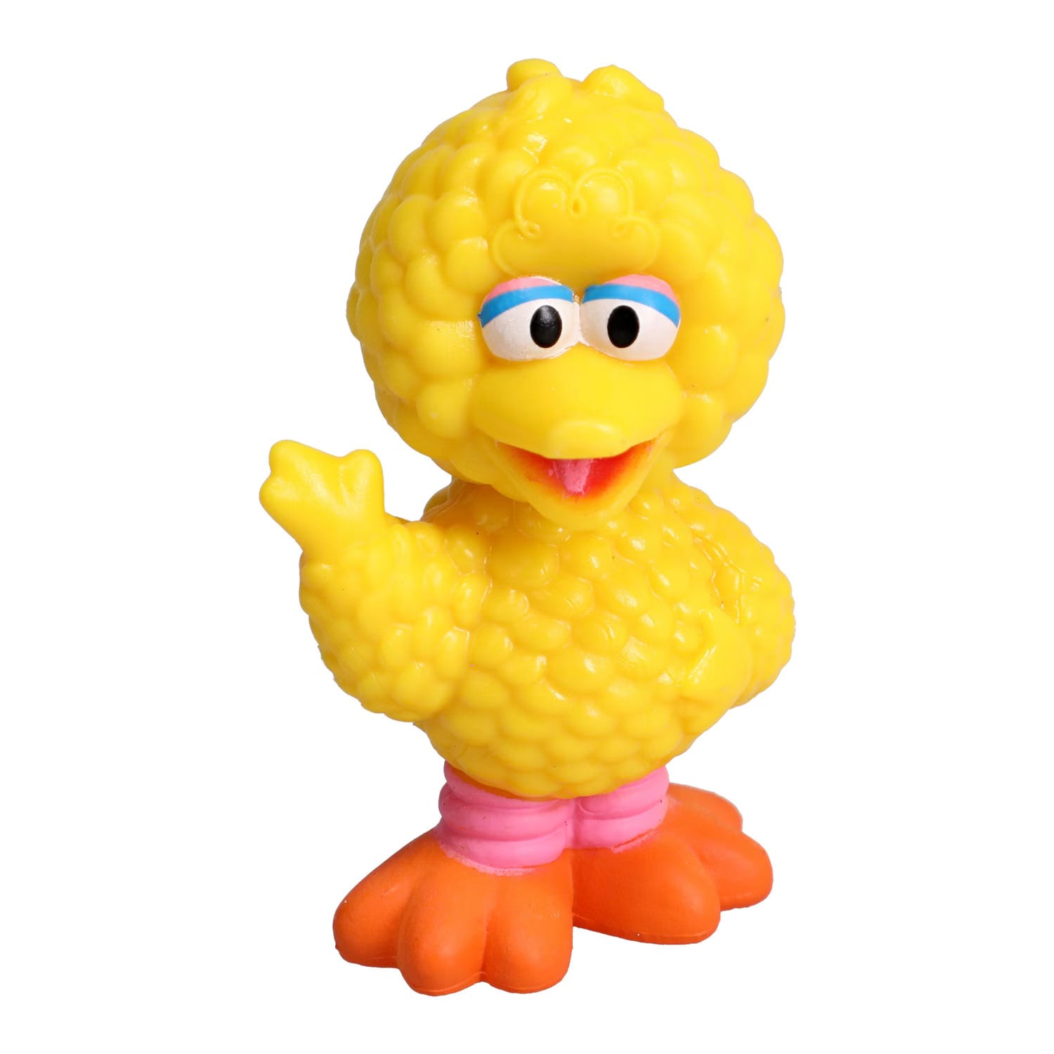 Sesame Street Big Bird party favour toy, alternate angle showing full body, yellow feathers, pink leg bands, and orange feet