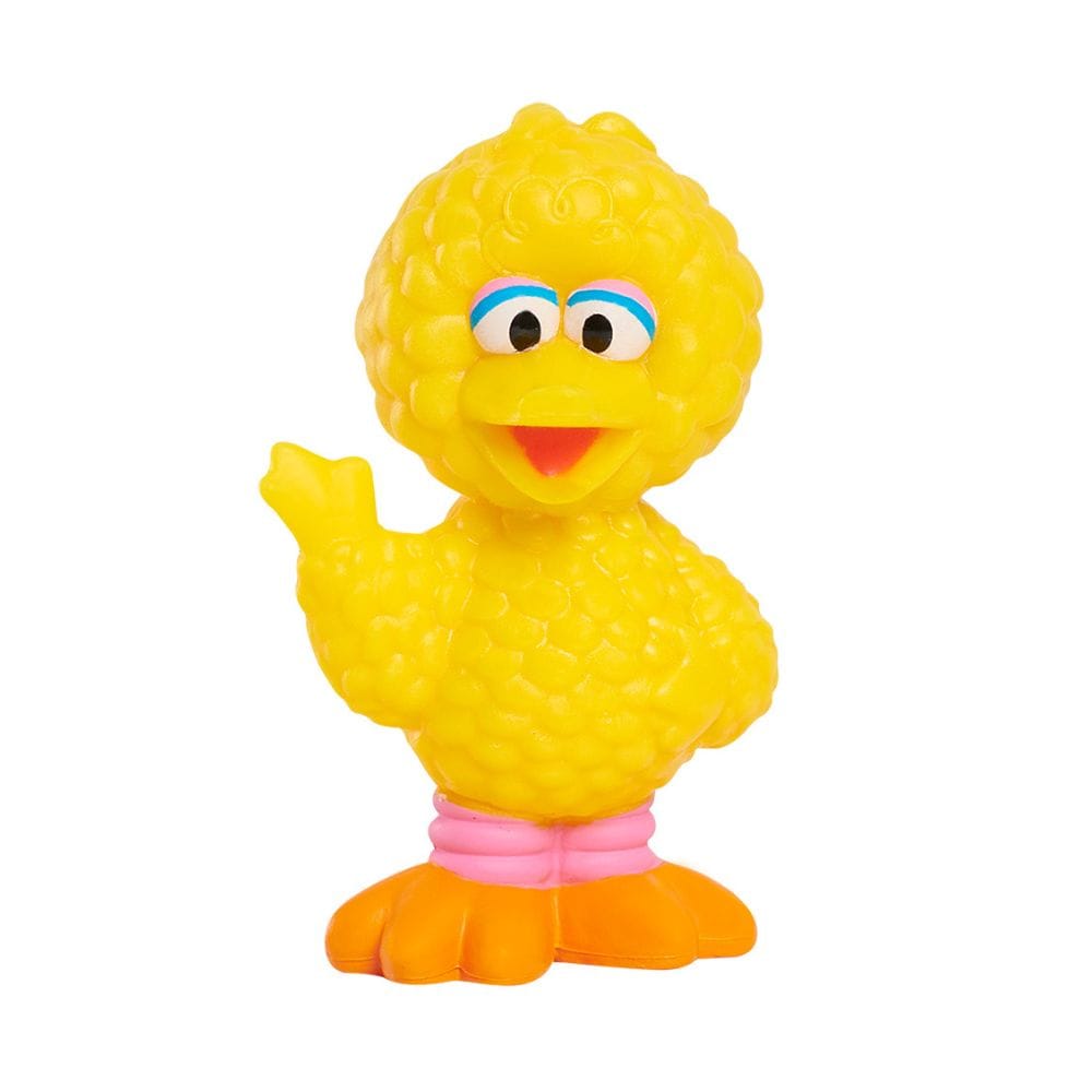 Sesame Street Big Bird mini figurine toy, 2.5 inch yellow feathered bird with pink leg bands, orange feet and beak, one wing raised