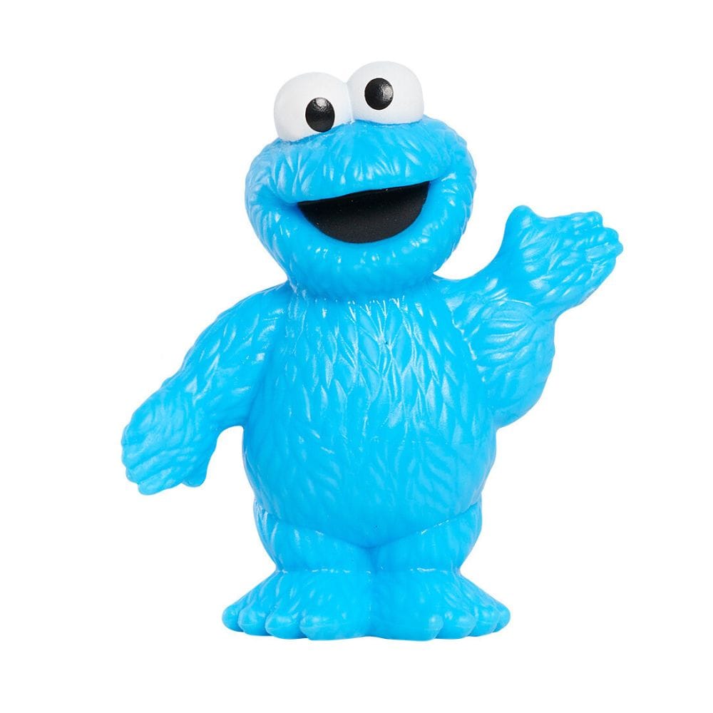 A blue Cookie Monster toy figure with white eyes and a wide open smile, standing against a plain white background.