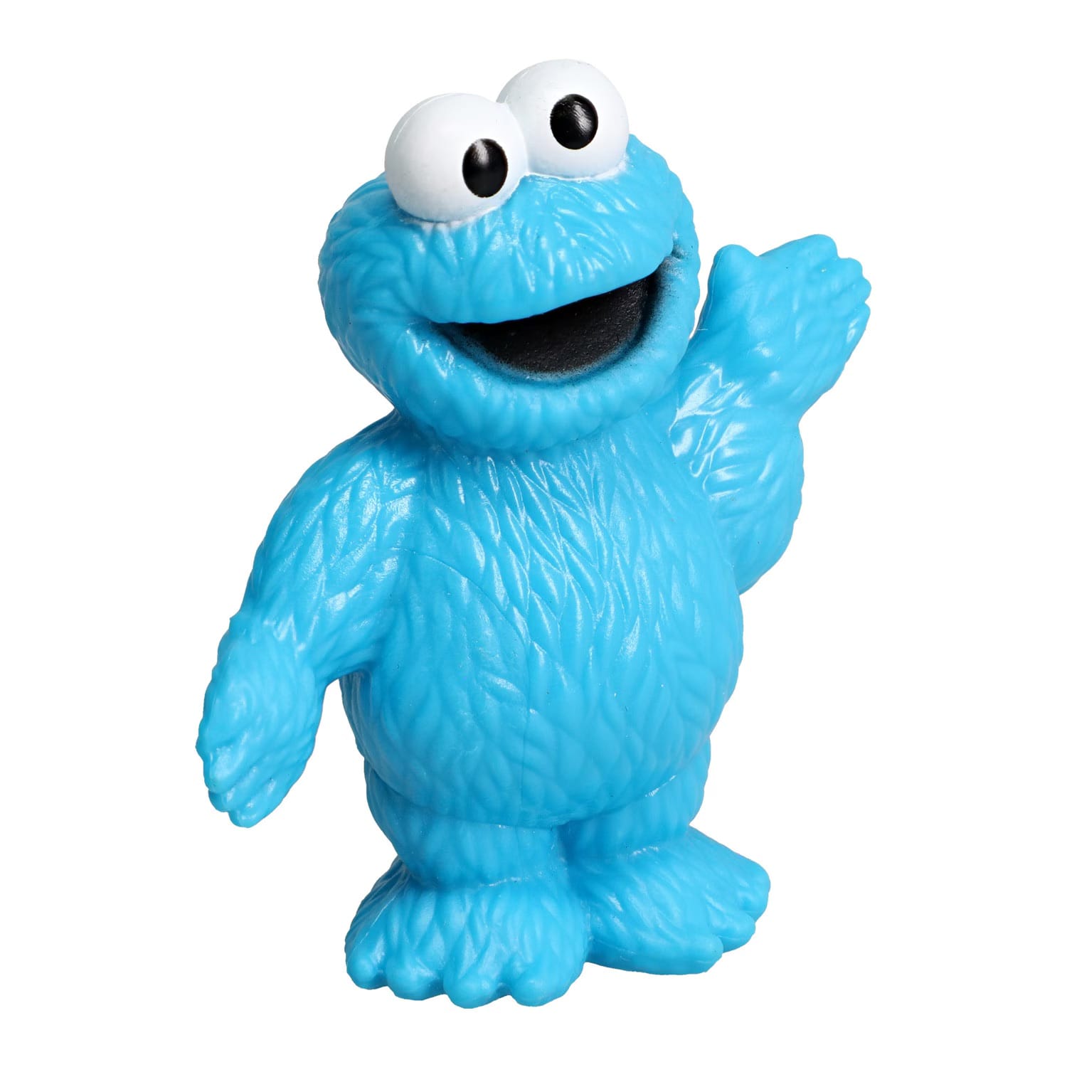 A blue Cookie Monster toy party favour with large white eyes, a wide open black mouth, and one raised waving arm, shown on a plain white background.
