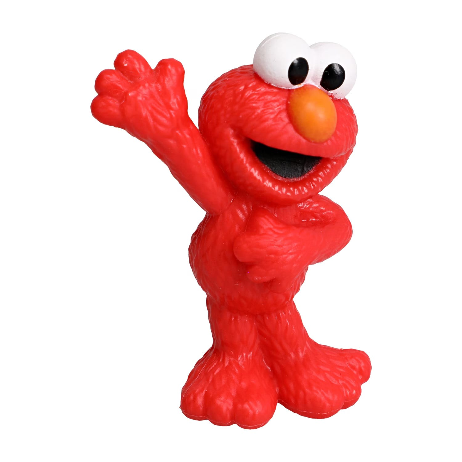 Sesame Street Elmo mini figurine alternate angle, full body red monster waving with arm raised high and wide smile