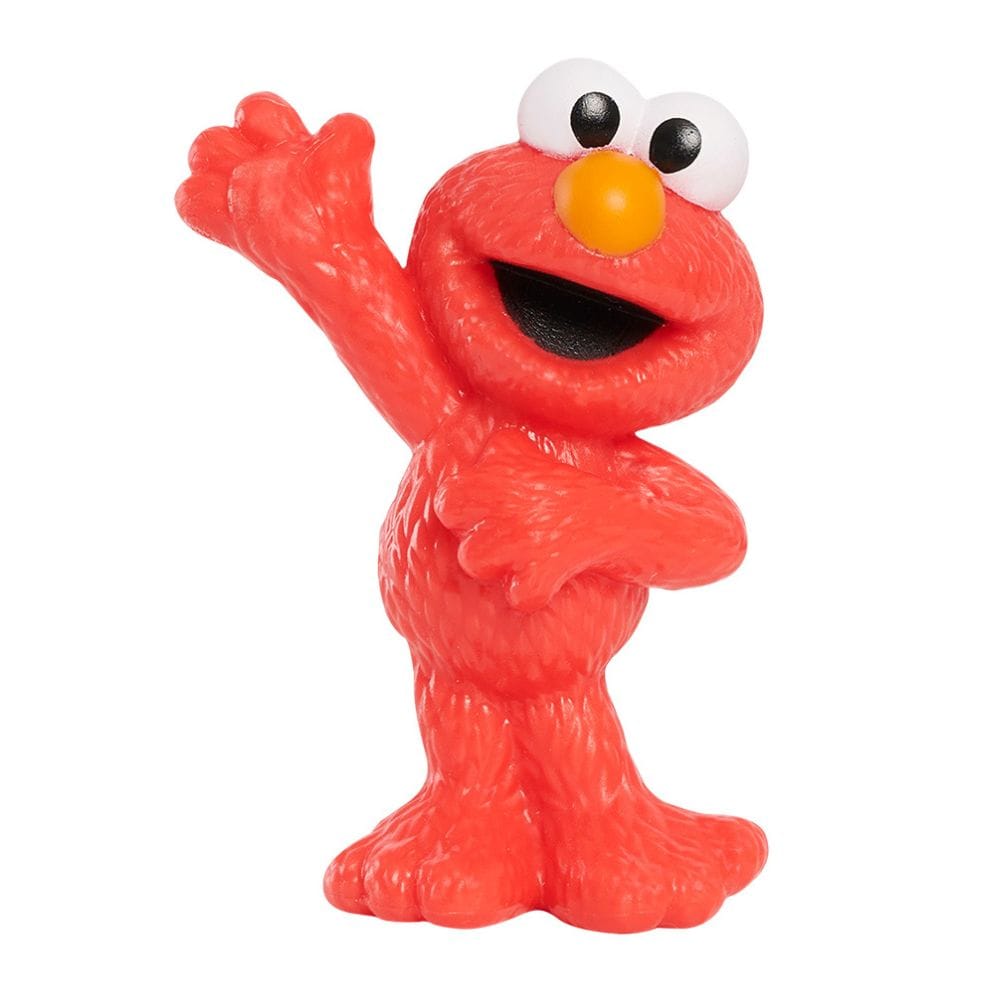 Sesame Street Elmo mini figurine, 2.5 inch red monster with white eyes, orange nose, and arm raised in a wave