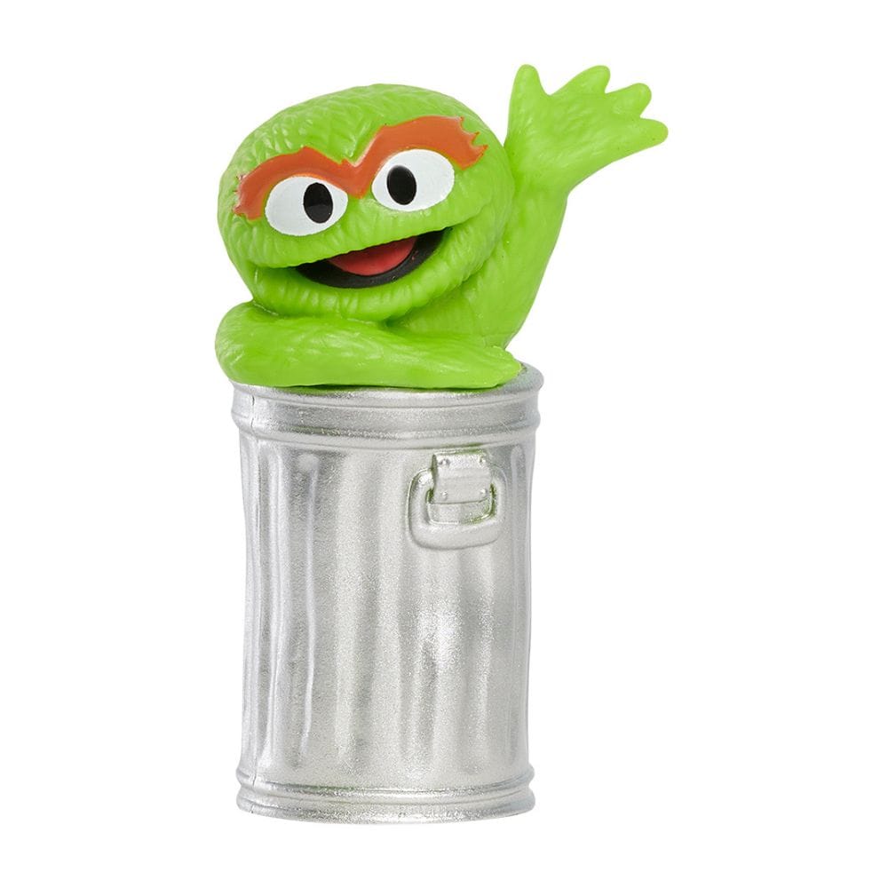 Sesame Street Oscar the Grouch mini figurine, green monster peeking from silver trash can with arm raised, 2.5 inch plastic collectible