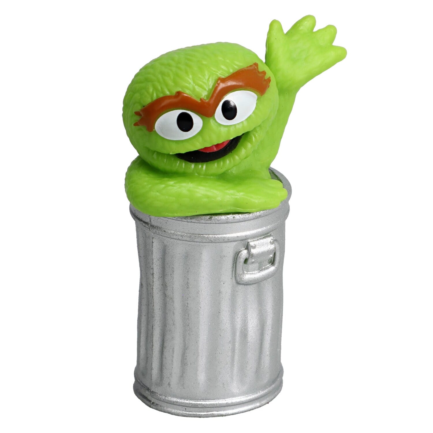 Sesame Street Oscar the Grouch mini figurine close-up, vivid green monster in metallic silver trash can, waving