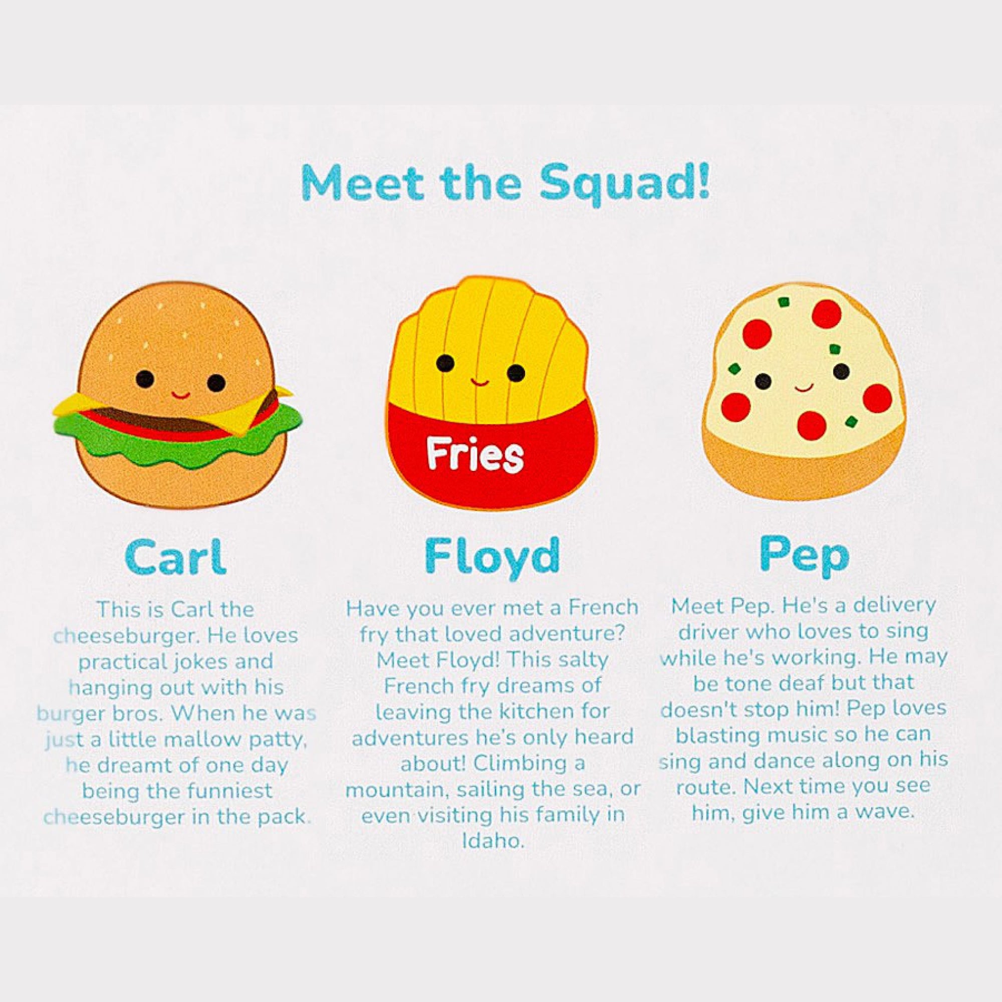 Back of Squishmallows 3-pack Squish Pens packaging showing Carl, Floyd, and Pep character bios; officially licensed Jazwares novelty pens