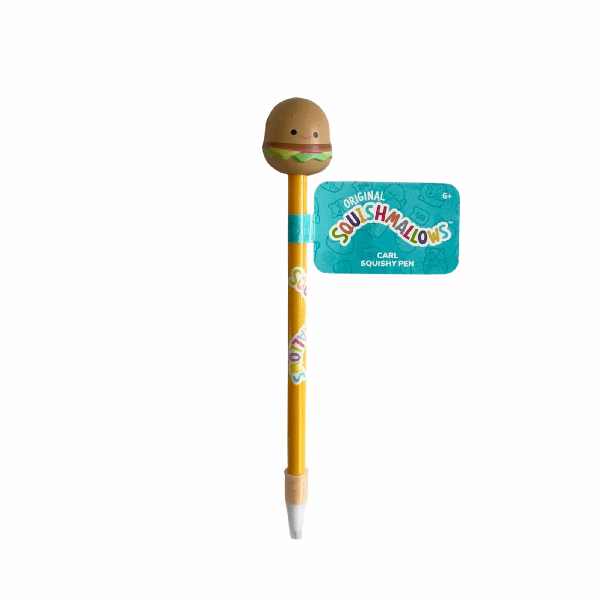 Squishmallows Carl the Cheeseburger squishy topper pen with yellow barrel; fun novelty ballpoint pen for kids' birthdays and school