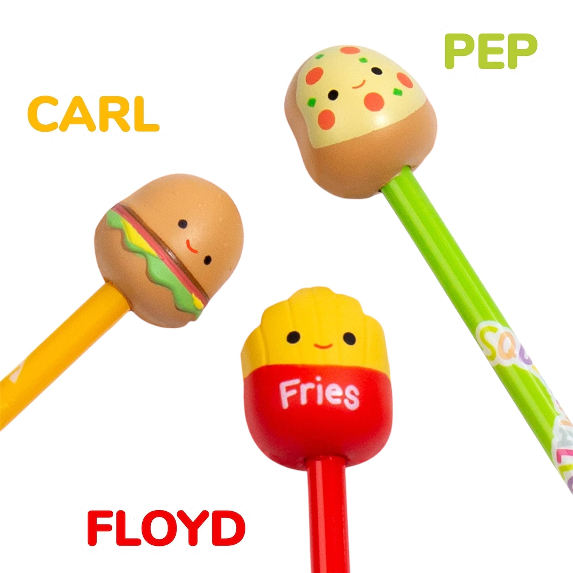 Close-up of Squishmallows squishy pen toppers: Carl the Cheeseburger, Floyd the French Fry, and Pep the Pizza