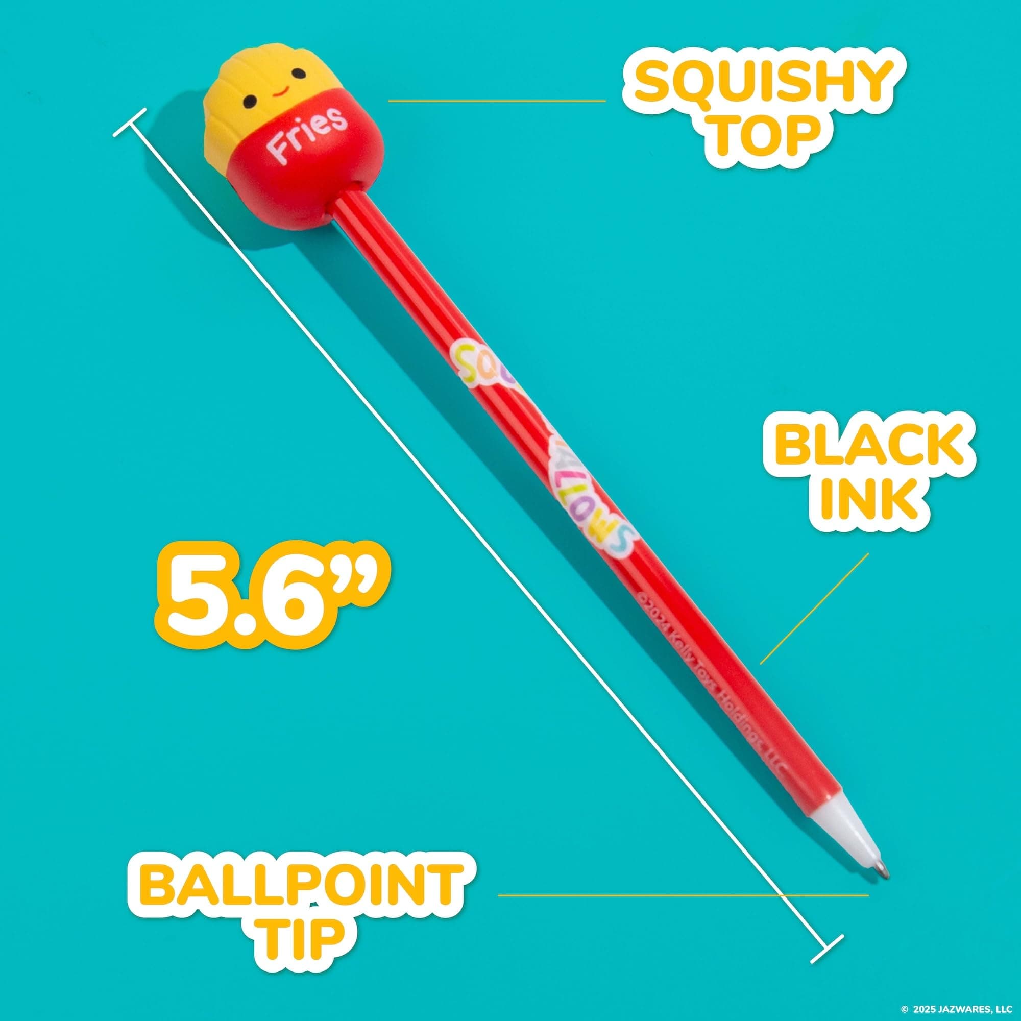 Squishmallows Floyd French Fry pen infographic showing 5.6" length, squishy topper, black ink, and ballpoint tip on teal background